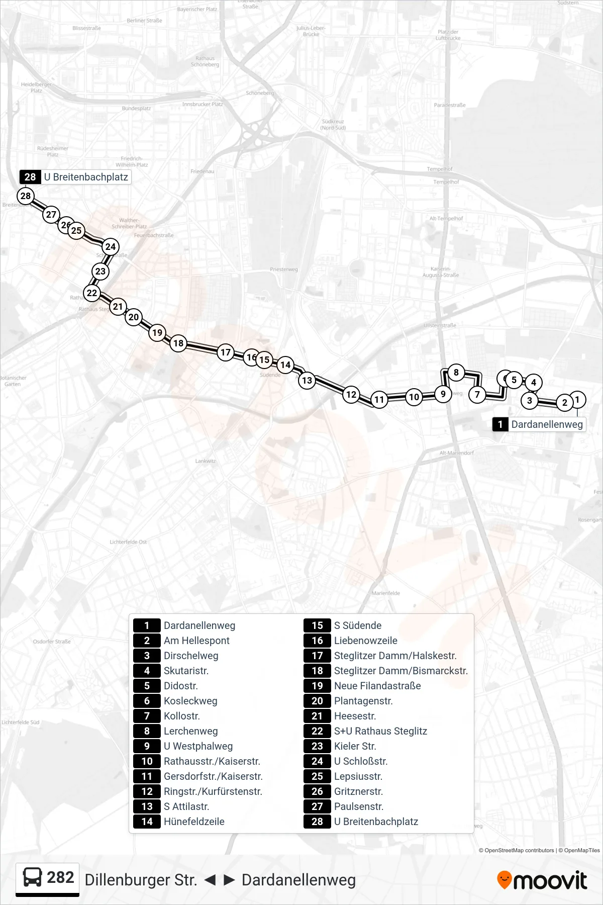 Linie 282 (Bus) Richtung U Breitenbachplatz: Route und Haltestellen auf der Karte