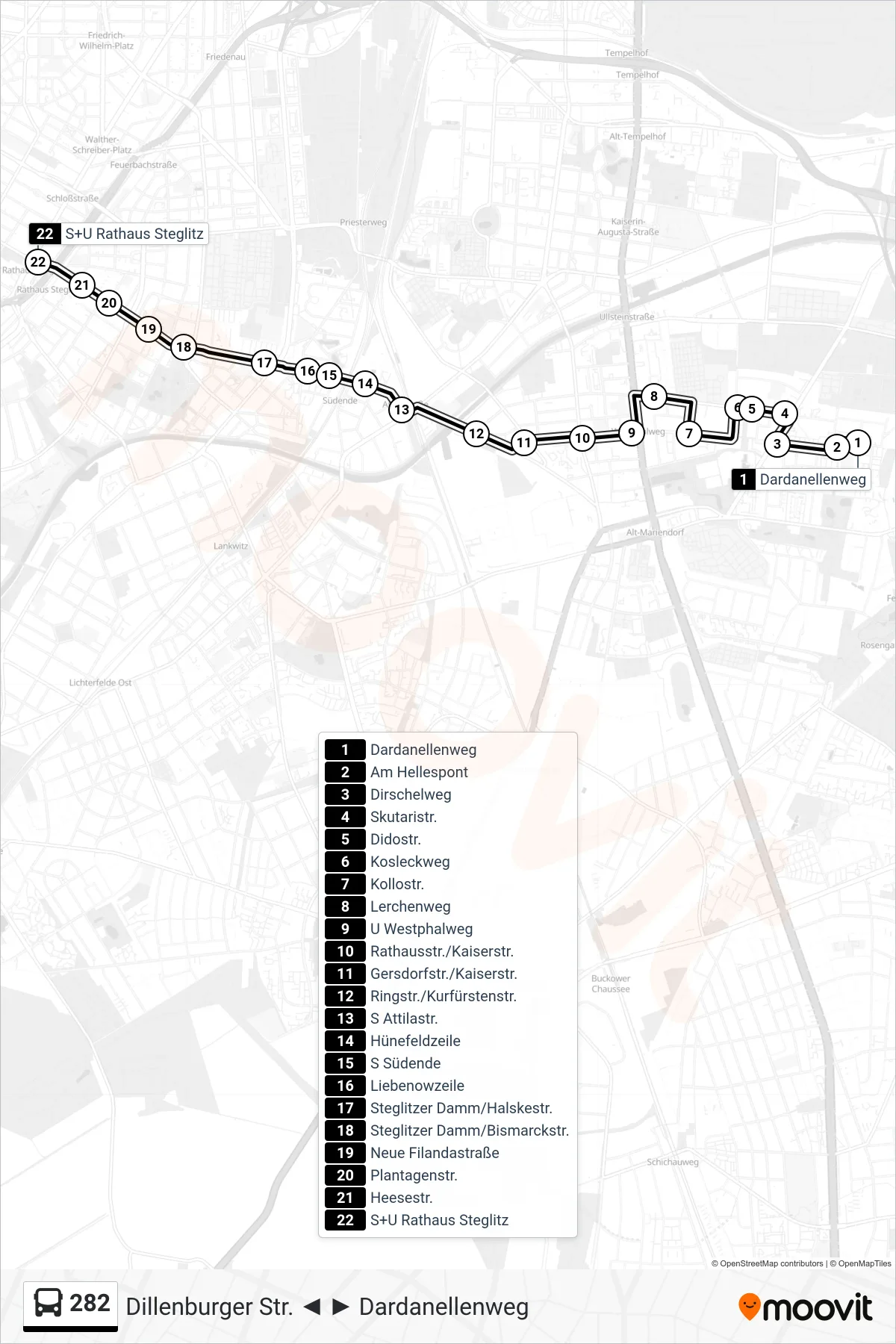 Linie 282 (Bus) Richtung S+U Rathaus Steglitz: Route und Haltestellen auf der Karte