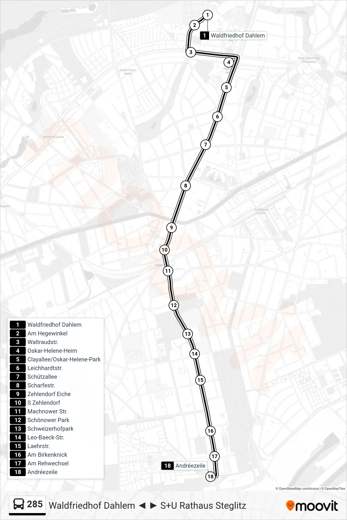 Linie 285 (Bus) Richtung Andréezeile: Route und Haltestellen auf der Karte