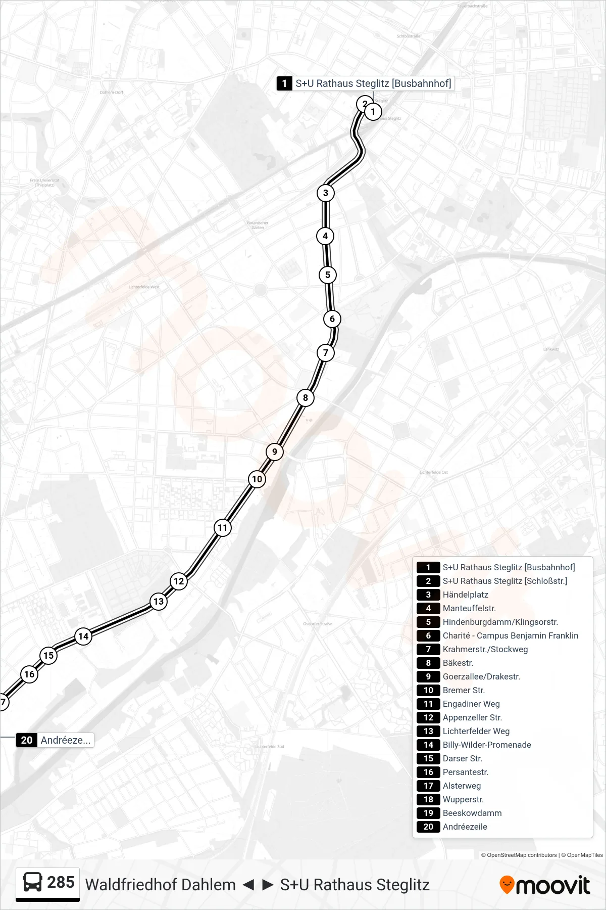 Linie 285 (Bus) Richtung Andréezeile: Route und Haltestellen auf der Karte