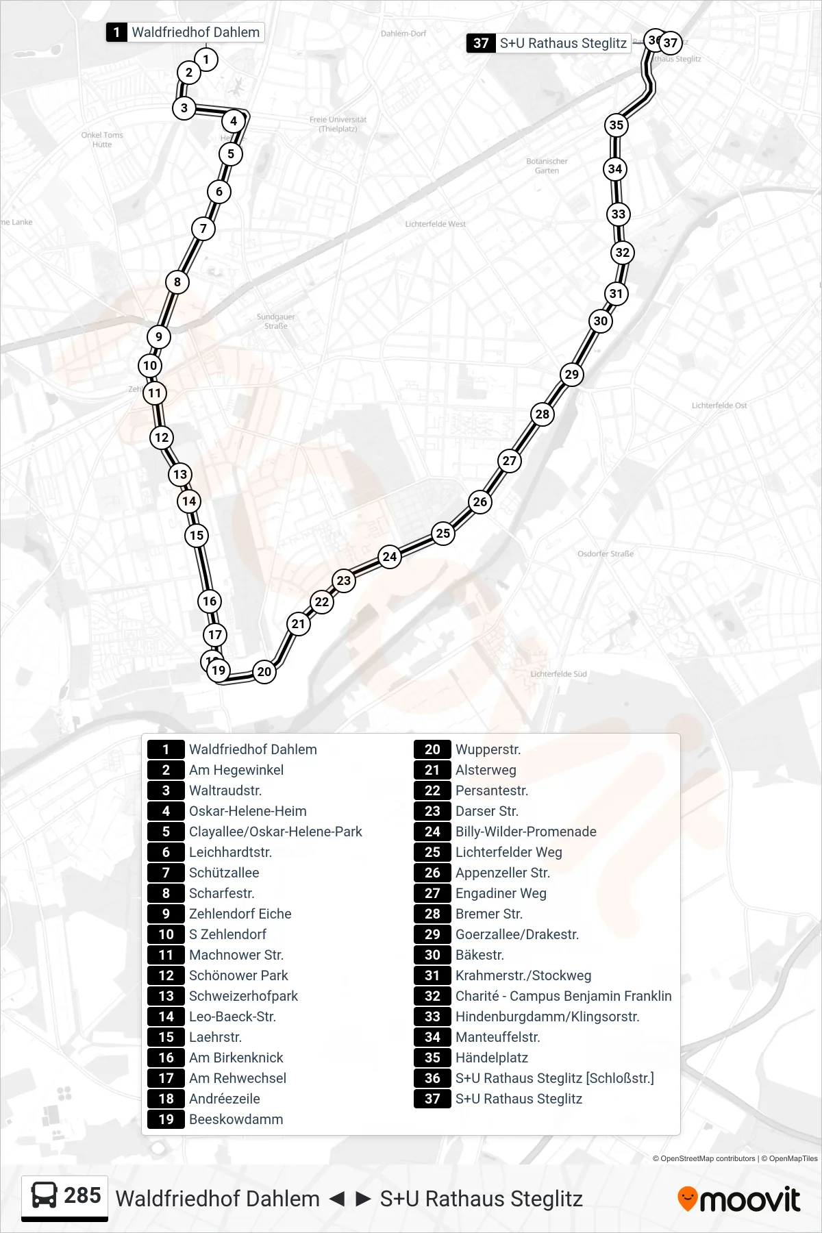 Linie 285 (Bus) Richtung S+U Rathaus Steglitz: Route und Haltestellen auf der Karte