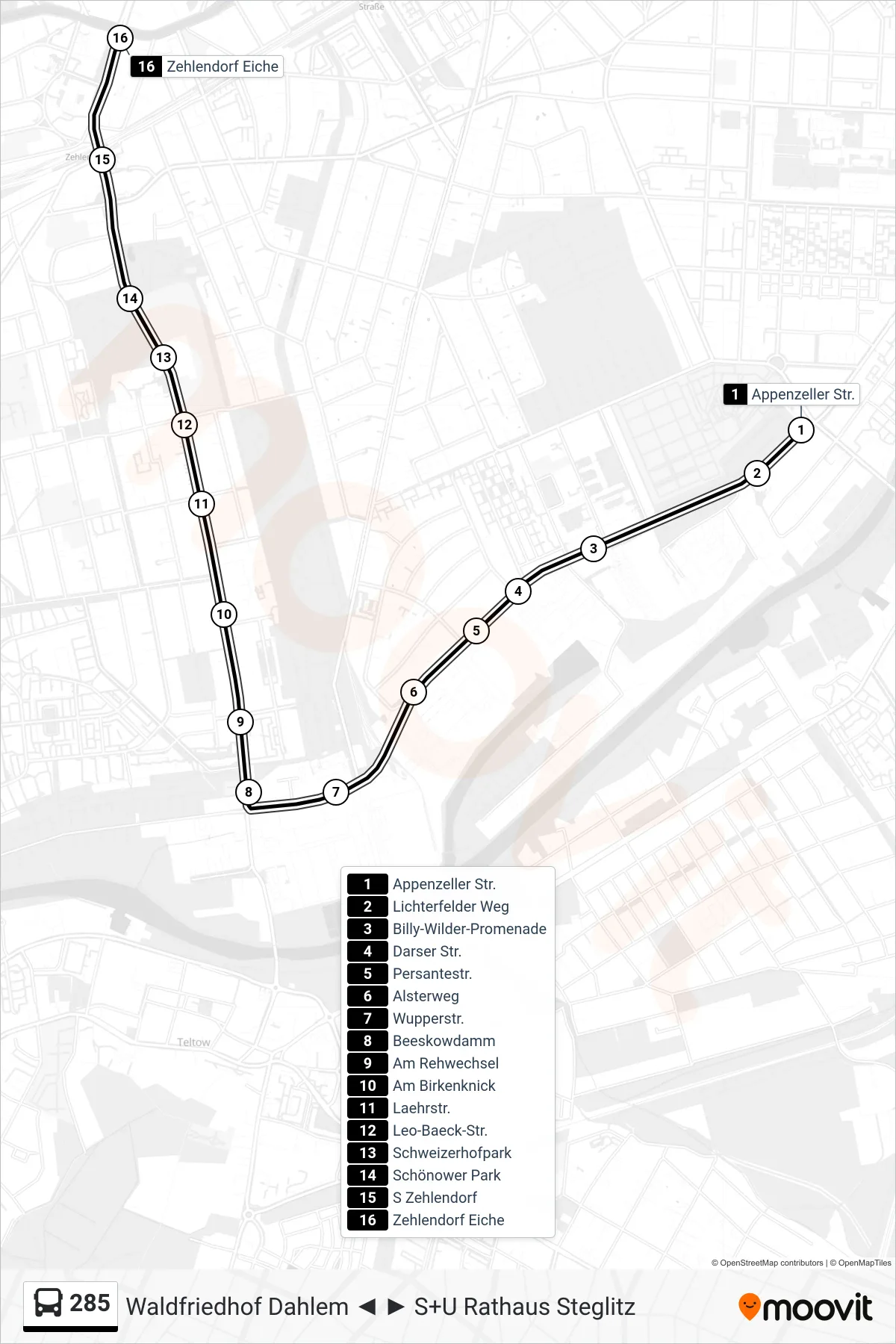 285 bus Line (Zehlendorf Eiche) route and stops on a map