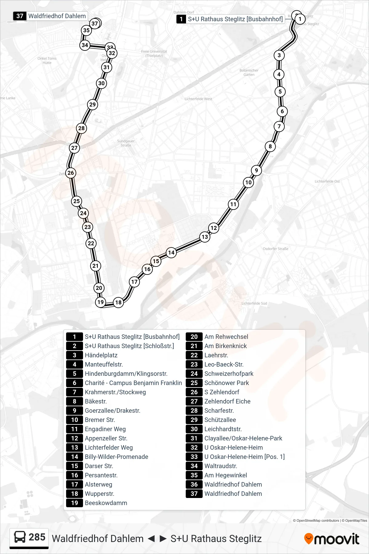Linie 285 (Bus) Richtung Waldfriedhof Dahlem: Route und Haltestellen auf der Karte