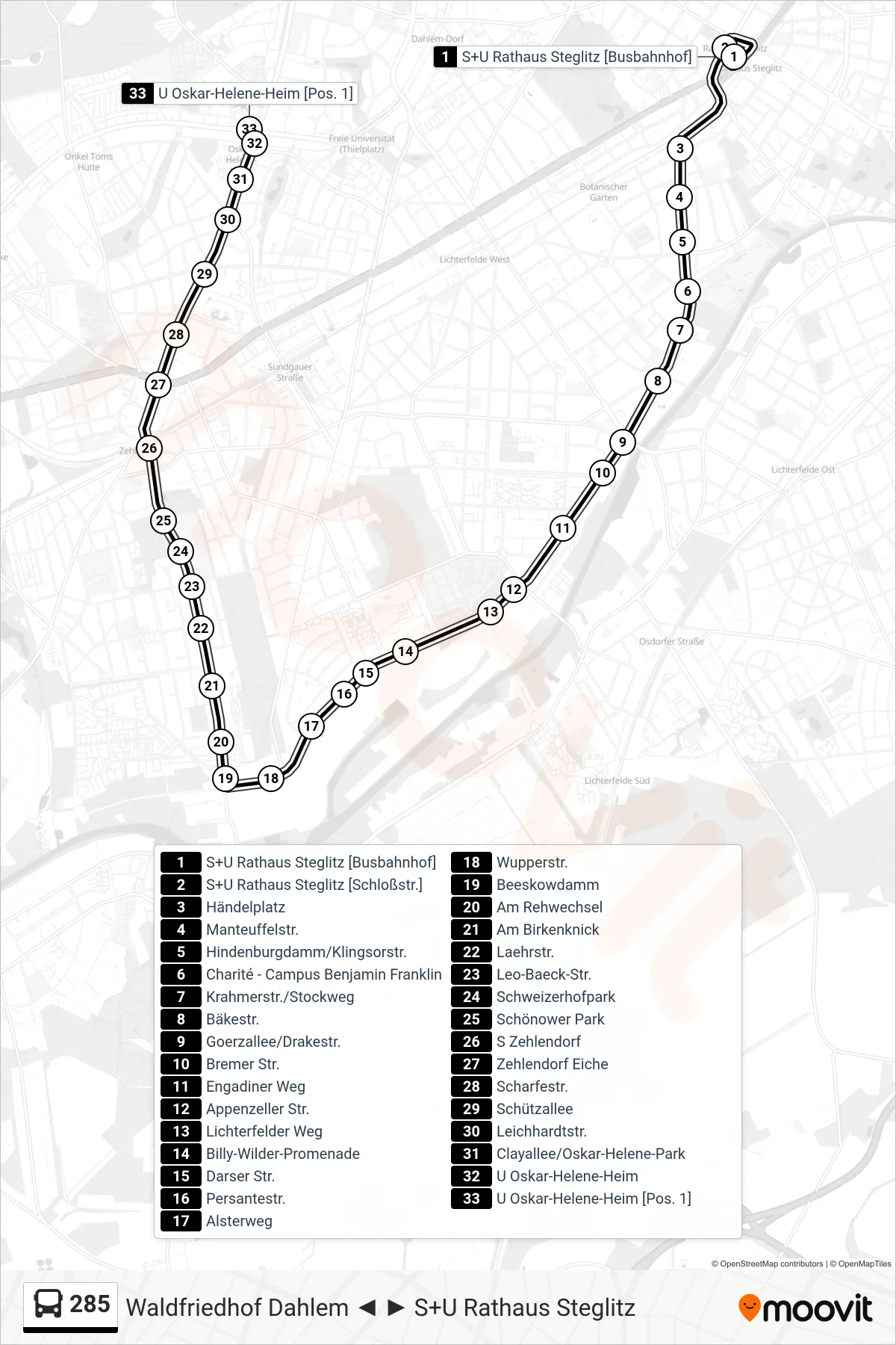 Linie 285 (Bus) Richtung U Oskar-Helene-Heim [Pos. 1]: Route und Haltestellen auf der Karte