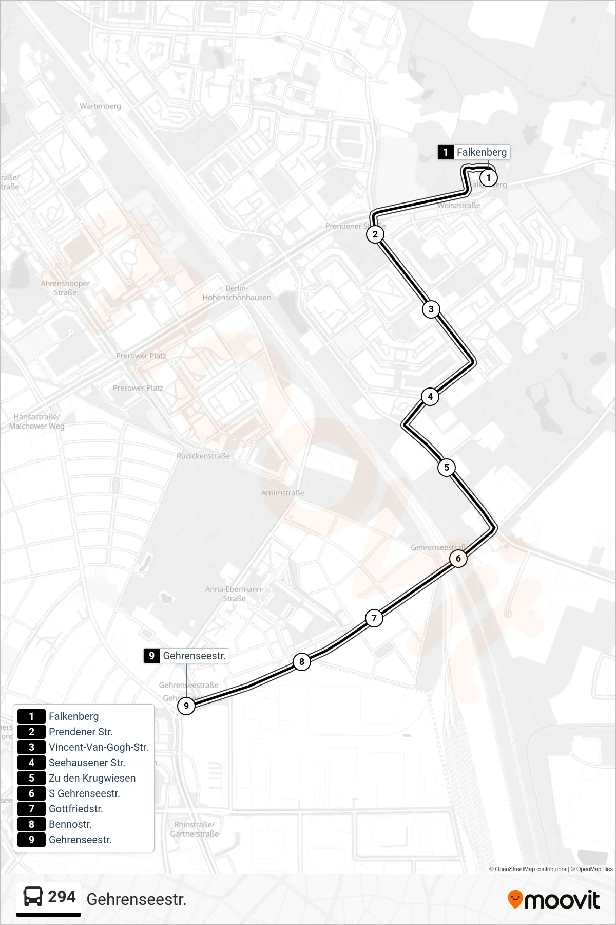 Linie 294 (Bus) Richtung Gehrenseestr.: Route und Haltestellen auf der Karte