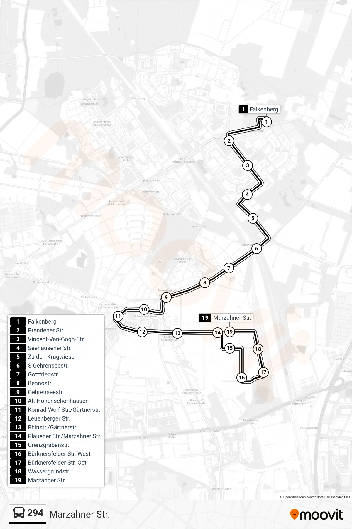 Linie 294 (Bus) Richtung Marzahner Str.: Route und Haltestellen auf der Karte