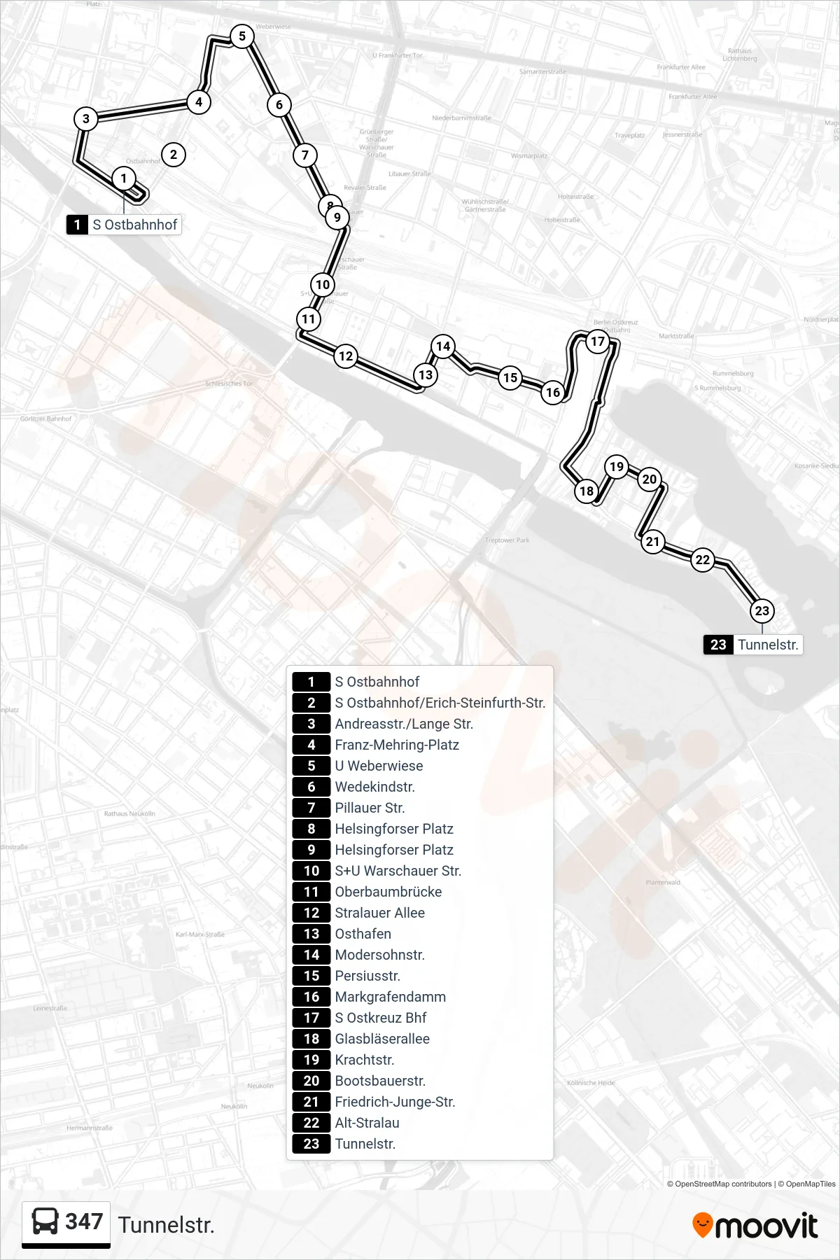 Linie 347 (Bus) Richtung Tunnelstr.: Route und Haltestellen auf der Karte
