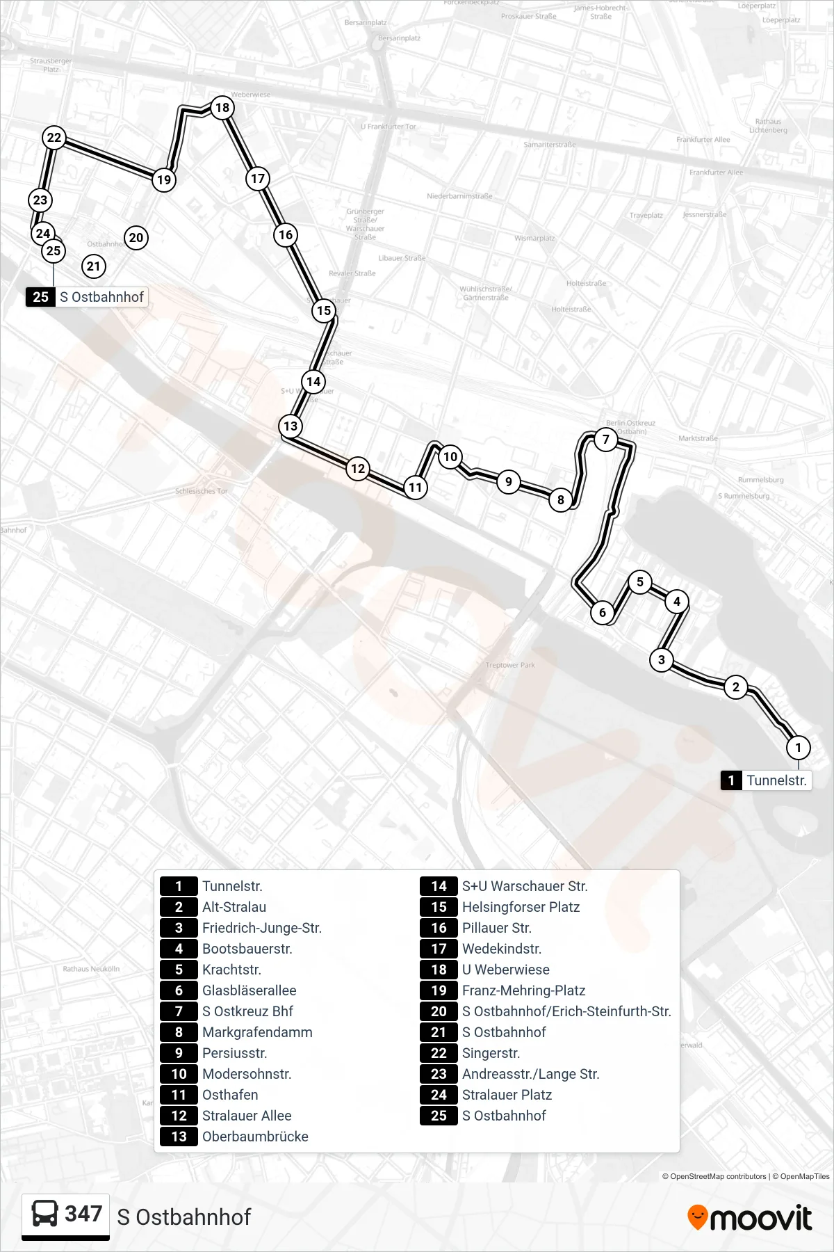 Linie 347 (Bus) Richtung S Ostbahnhof: Route und Haltestellen auf der Karte