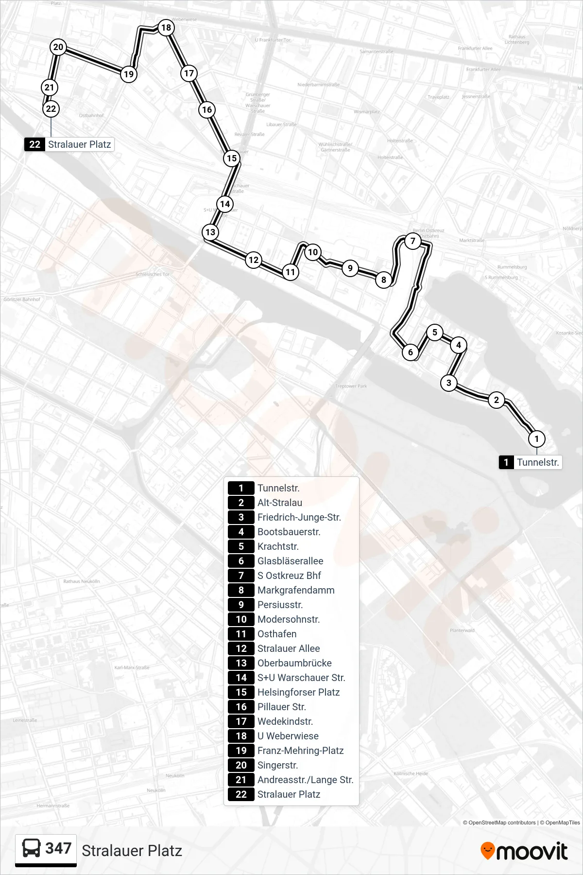 Linie 347 (Bus) Richtung Stralauer Platz: Route und Haltestellen auf der Karte