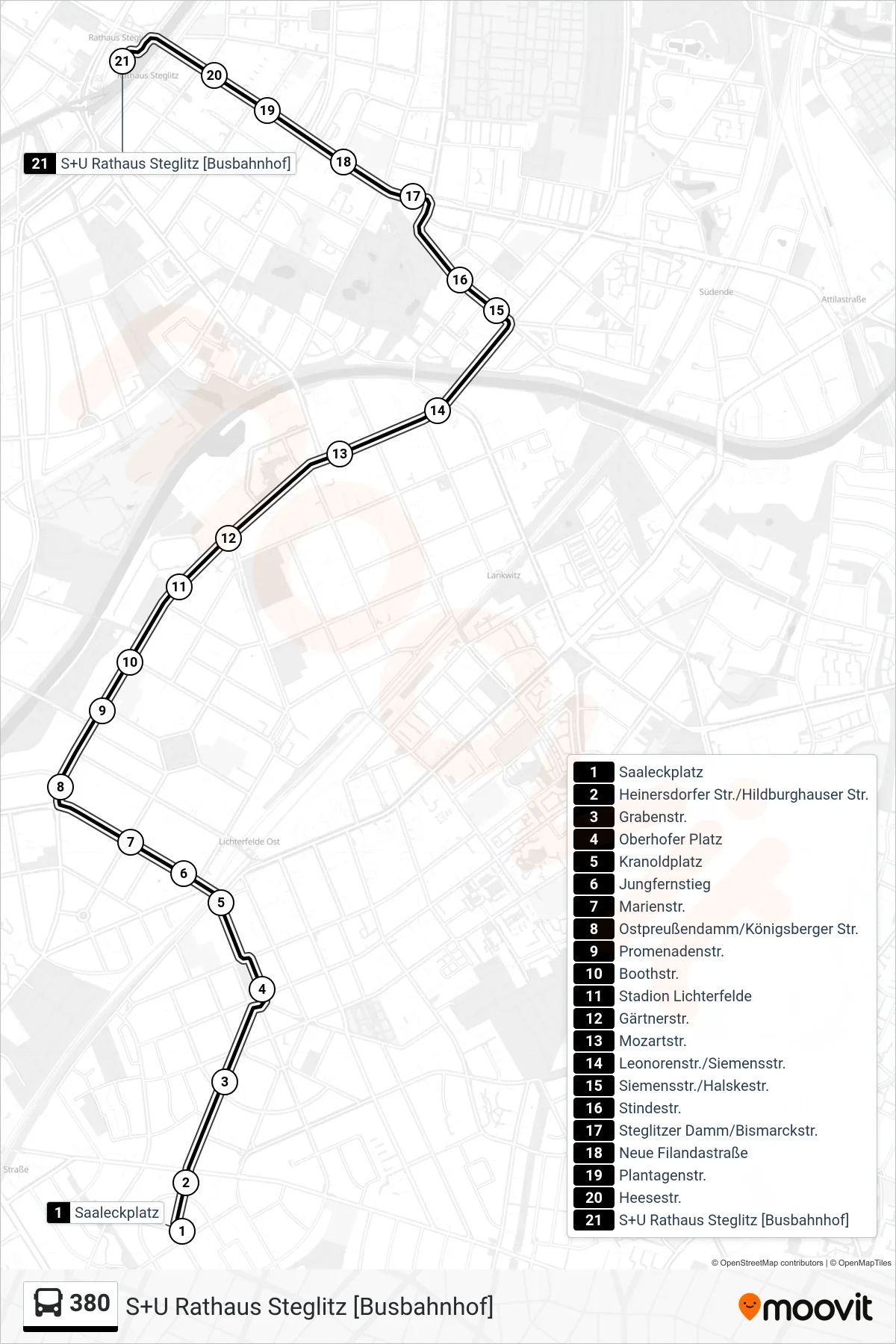 Linie 380 (Bus) Richtung S+U Rathaus Steglitz [Busbahnhof]: Route und Haltestellen auf der Karte