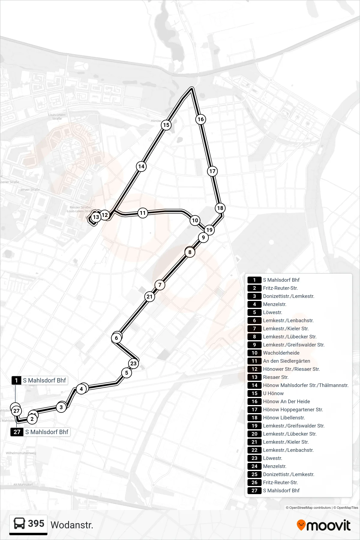 395 bus Line (S Mahlsdorf Bhf) route and stops on a map
