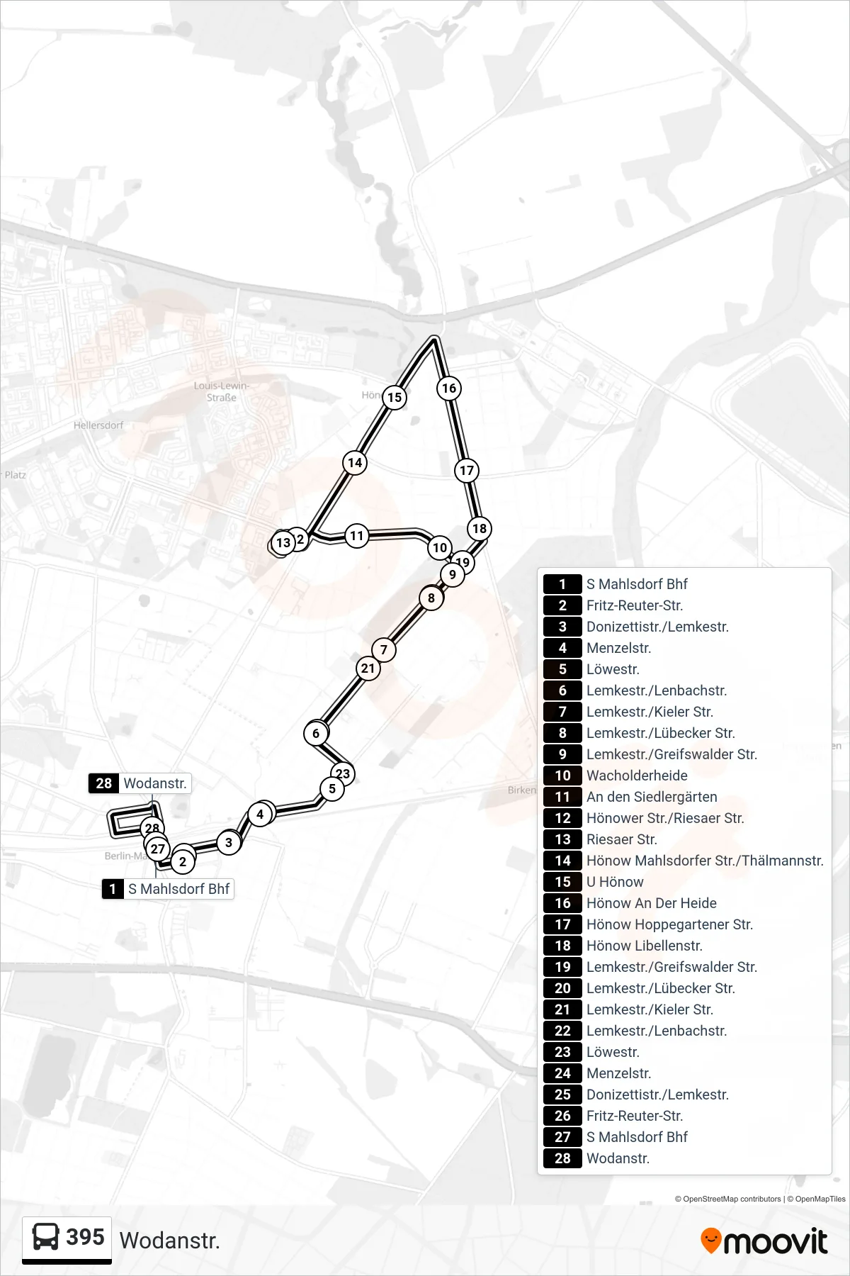 Linie 395 (Bus) Richtung Wodanstr.: Route und Haltestellen auf der Karte