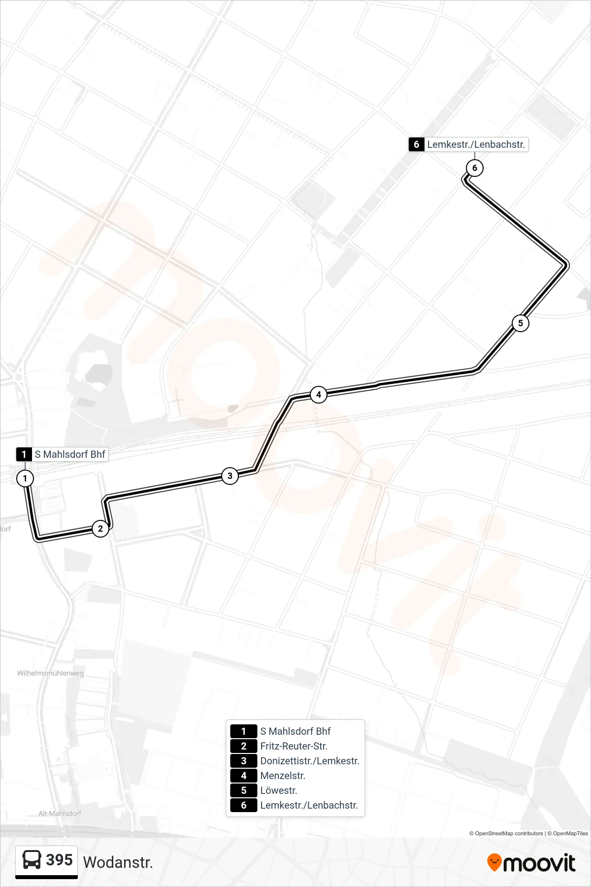 Linie 395 (Bus) Richtung Lemkestr./Lenbachstr.: Route und Haltestellen auf der Karte