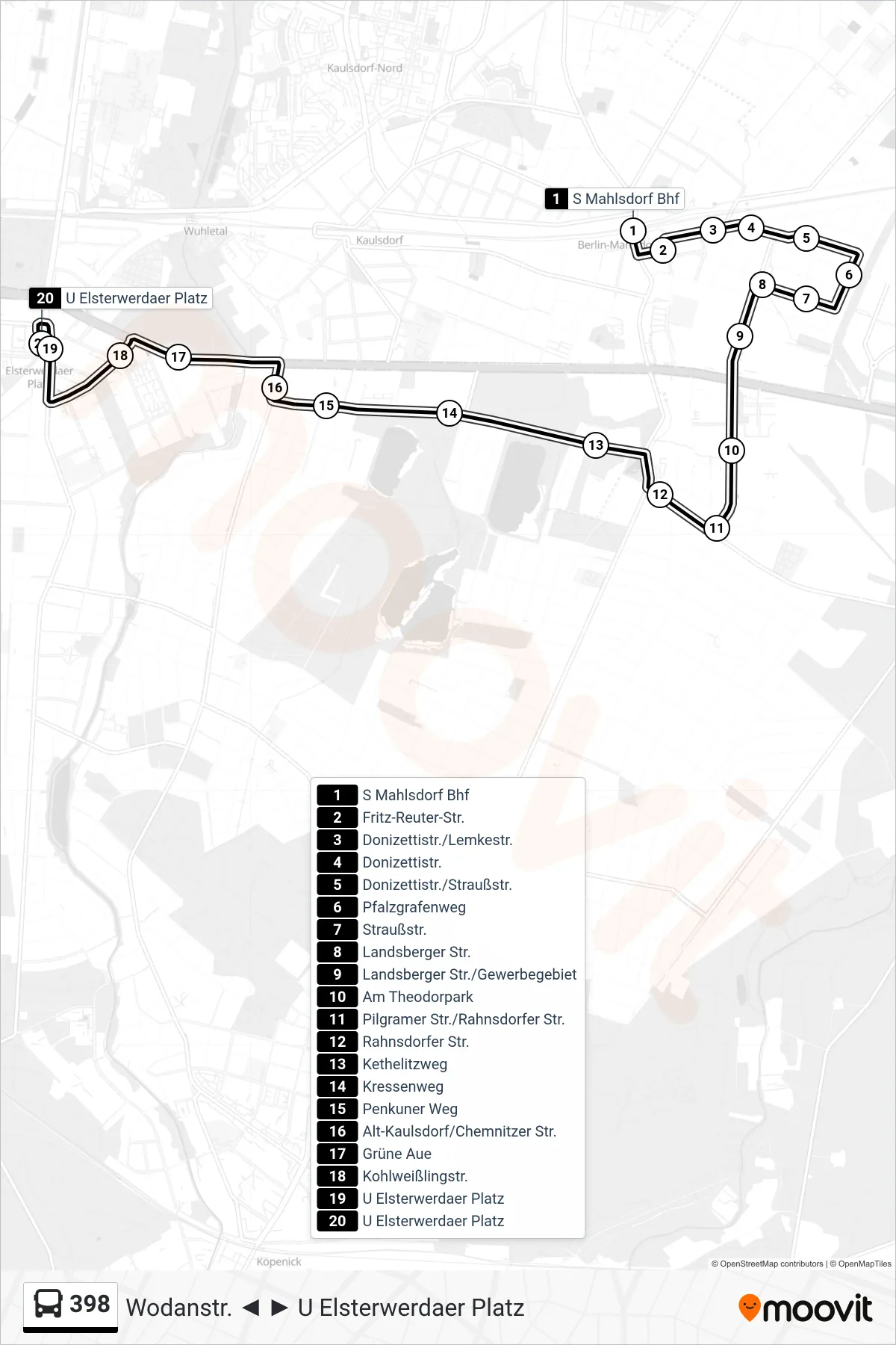 Linie 398 (Bus) Richtung U Elsterwerdaer Platz: Route und Haltestellen auf der Karte