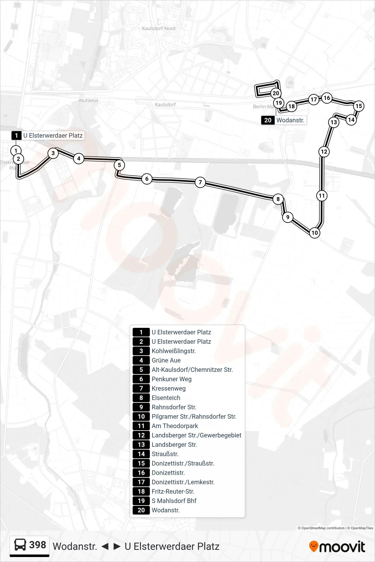 Linie 398 (Bus) Richtung Wodanstr.: Route und Haltestellen auf der Karte