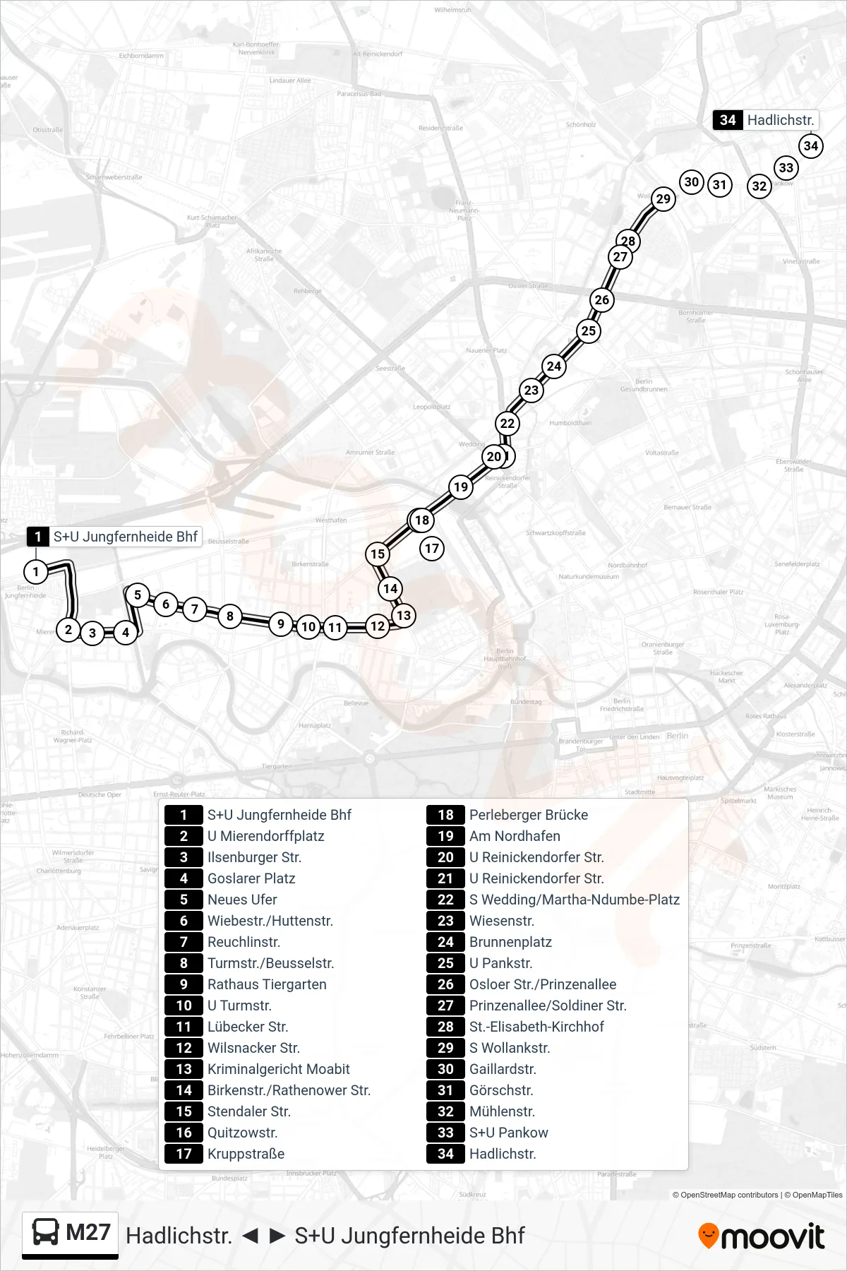 Linie M27 (Bus) Richtung S+U Pankow: Route und Haltestellen auf der Karte