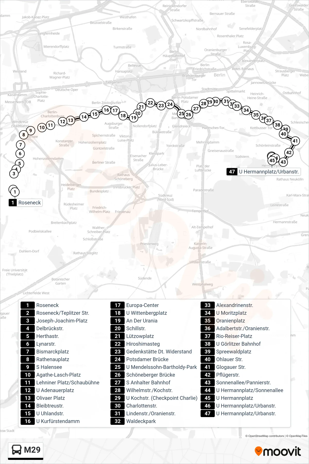 Linie M29 (Bus) Richtung U Hermannplatz: Route und Haltestellen auf der Karte