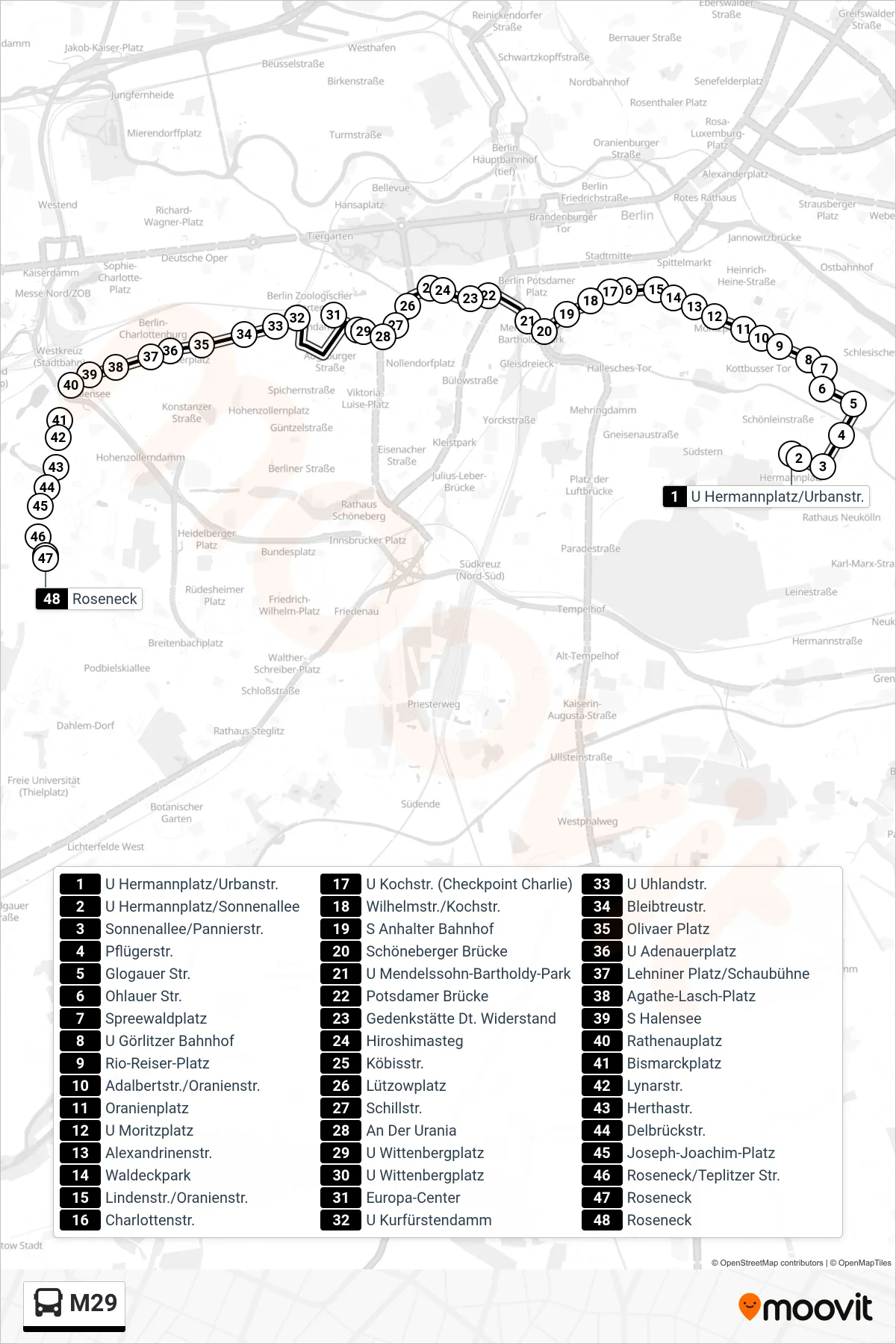 Linie M29 (Bus) Richtung Grunewald, Roseneck: Route und Haltestellen auf der Karte
