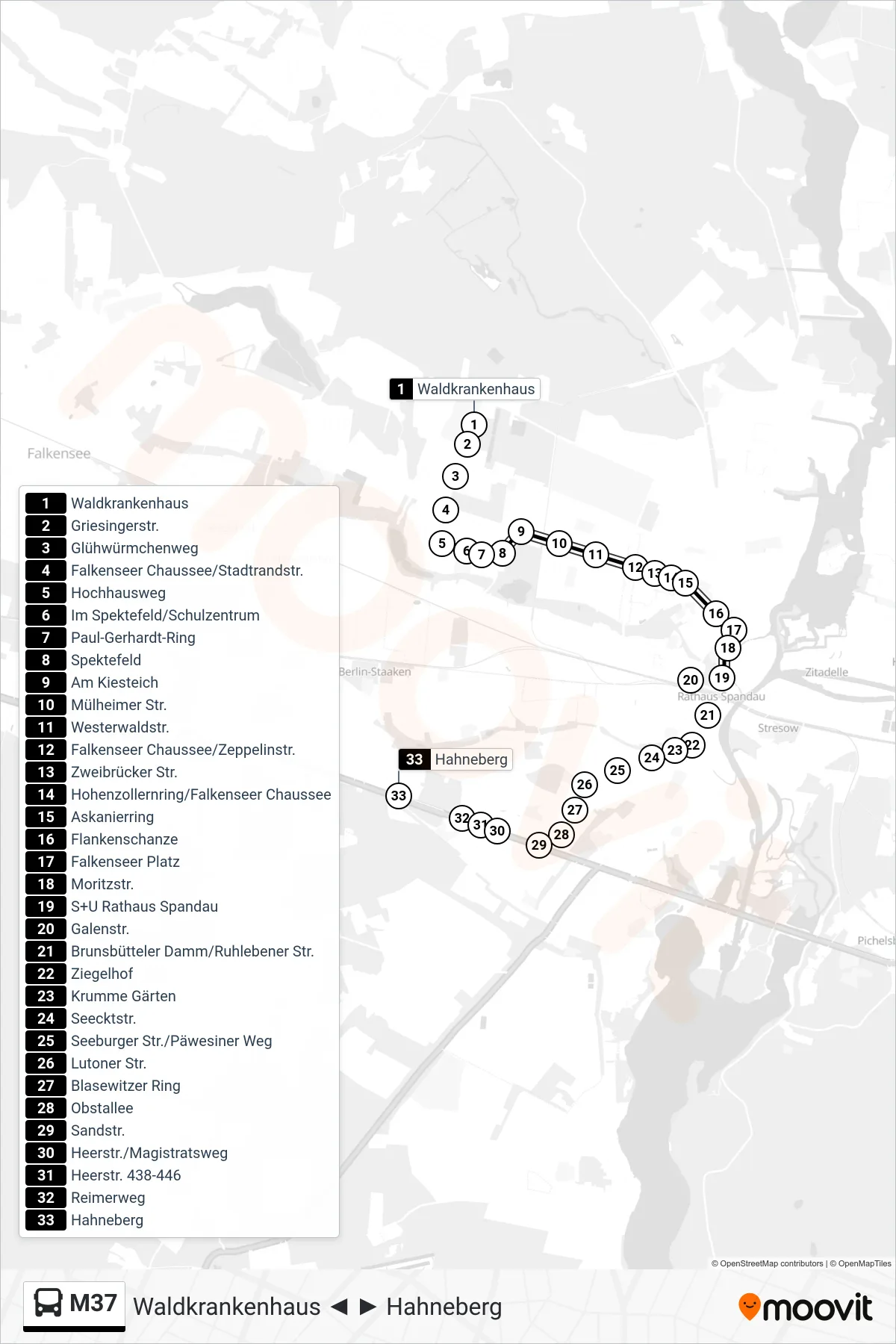 M37 bus Line (Staaken, Hahneberg) route and stops on a map