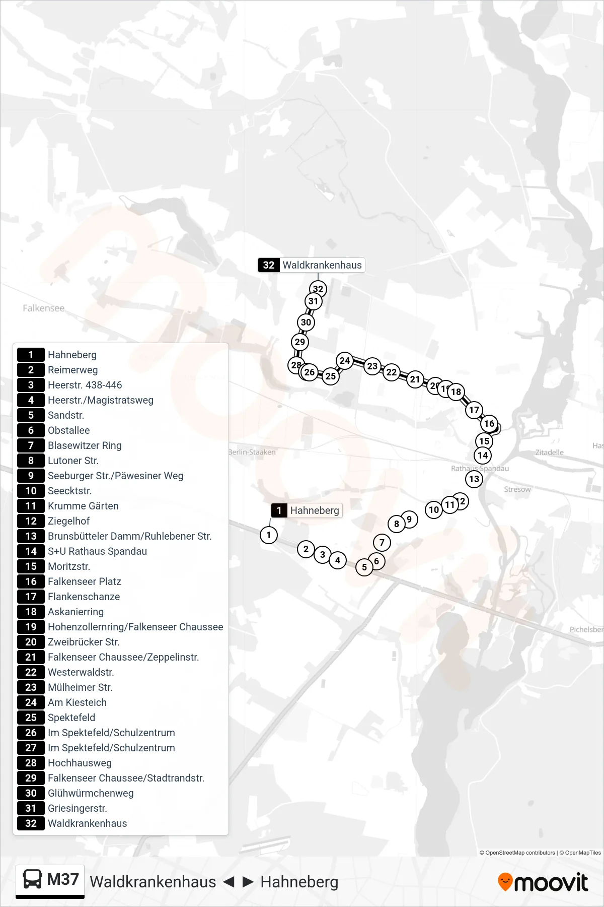 Linie M37 (Bus) Richtung Spandau, Waldkrankenhaus: Route und Haltestellen auf der Karte