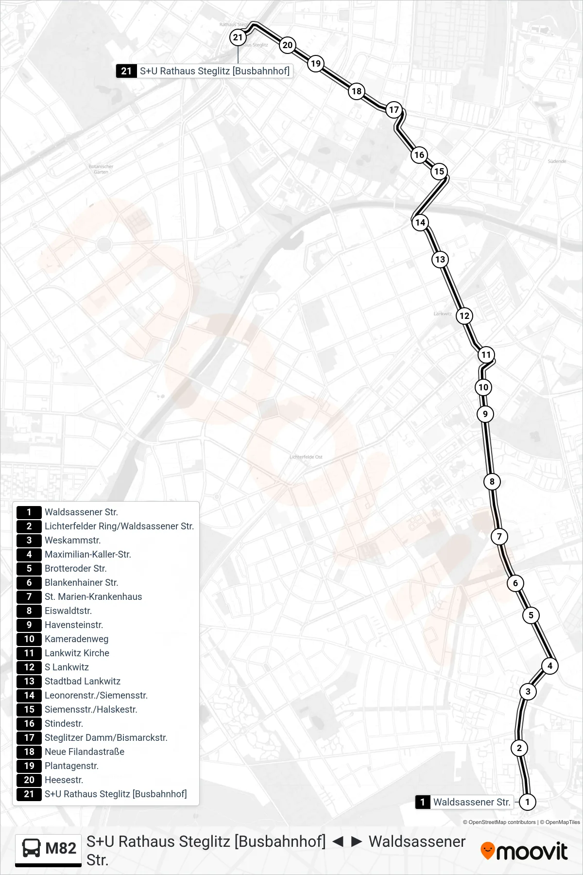 Linie M82 (Bus) Richtung S+U Rathaus Steglitz [Busbahnhof]: Route und Haltestellen auf der Karte