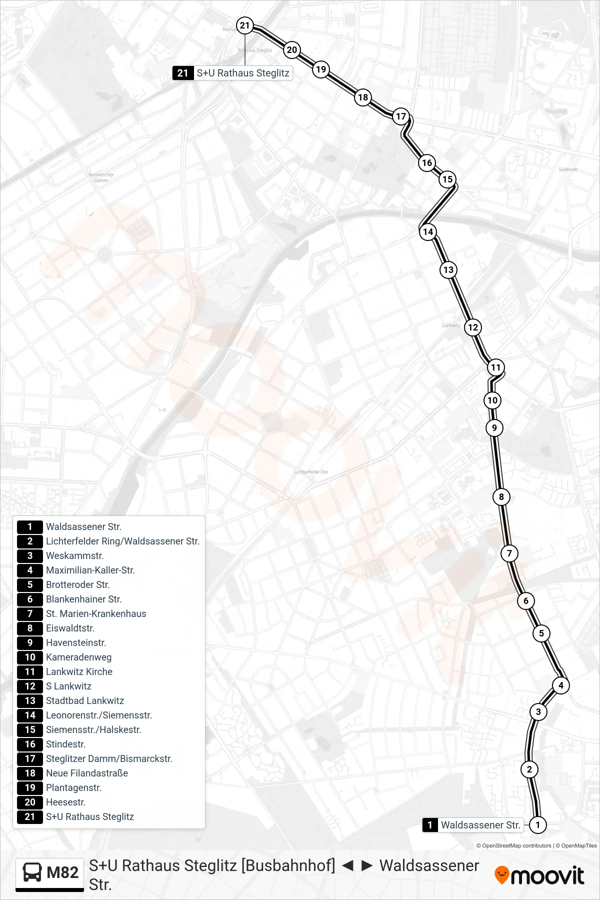 Linie M82 (Bus) Richtung S+U Rathaus Steglitz: Route und Haltestellen auf der Karte