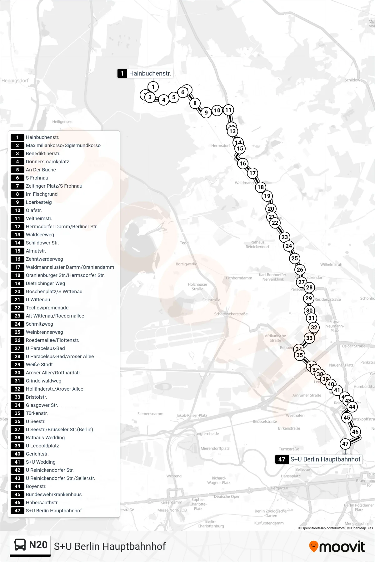 Linie N20 (Bus) Richtung S+U Berlin Hauptbahnhof: Route und Haltestellen auf der Karte