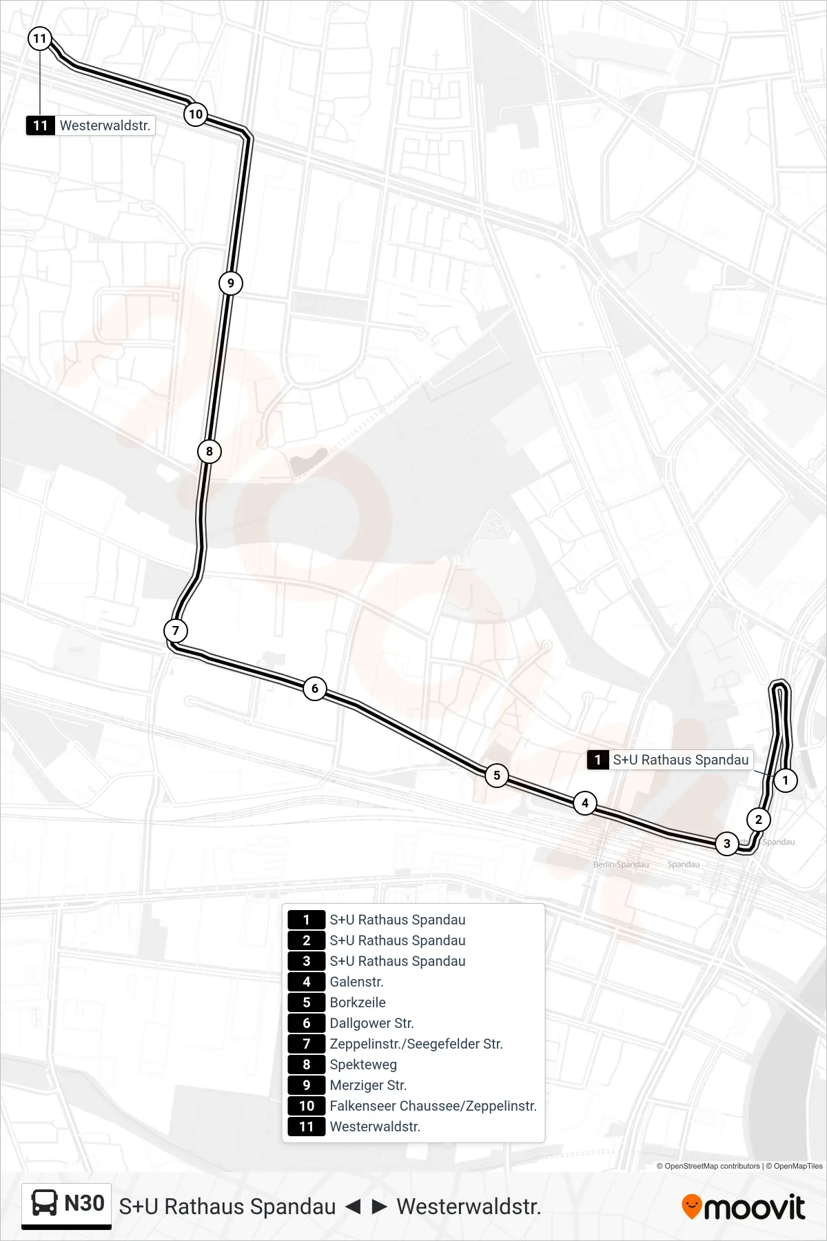 N30 bus Line (Westerwaldstr.) route and stops on a map