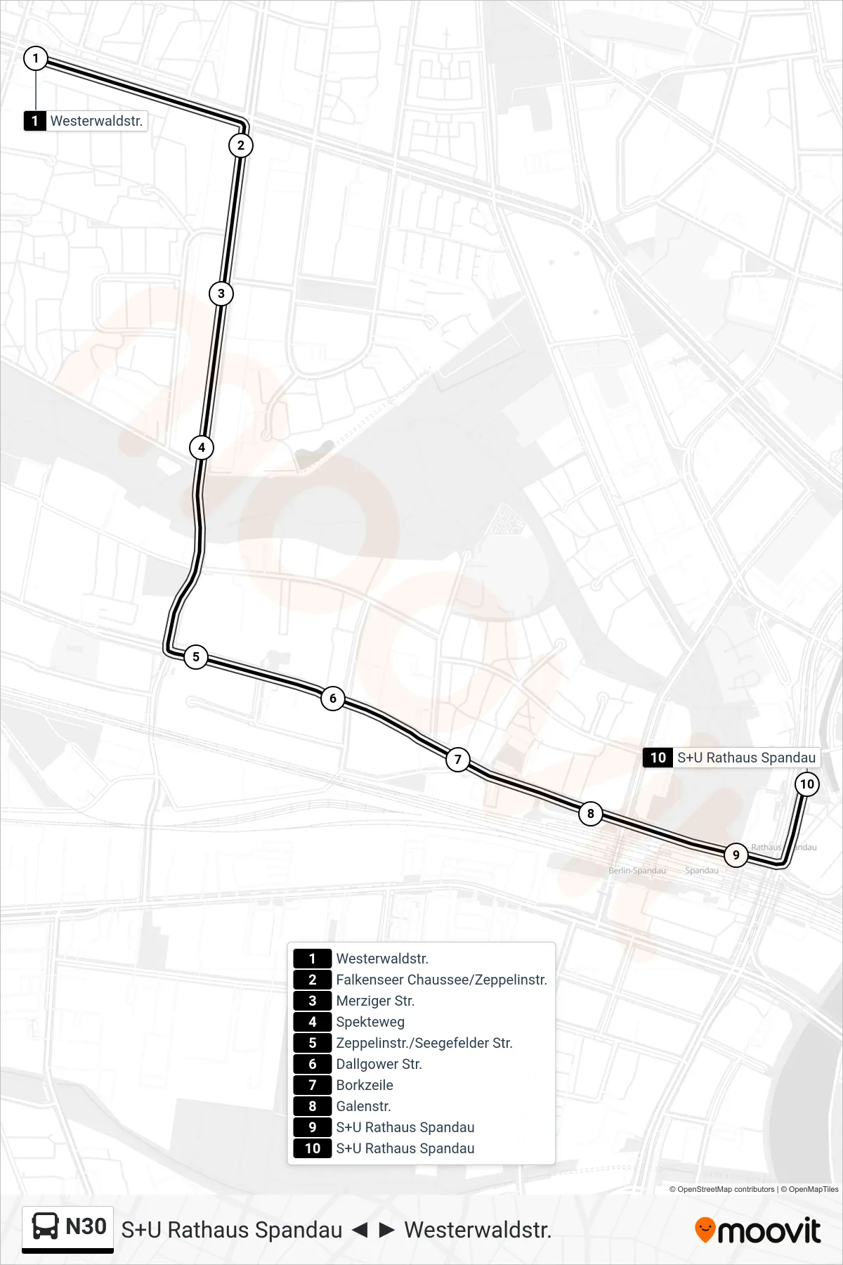 Linie N30 (Bus) Richtung S+U Rathaus Spandau: Route und Haltestellen auf der Karte