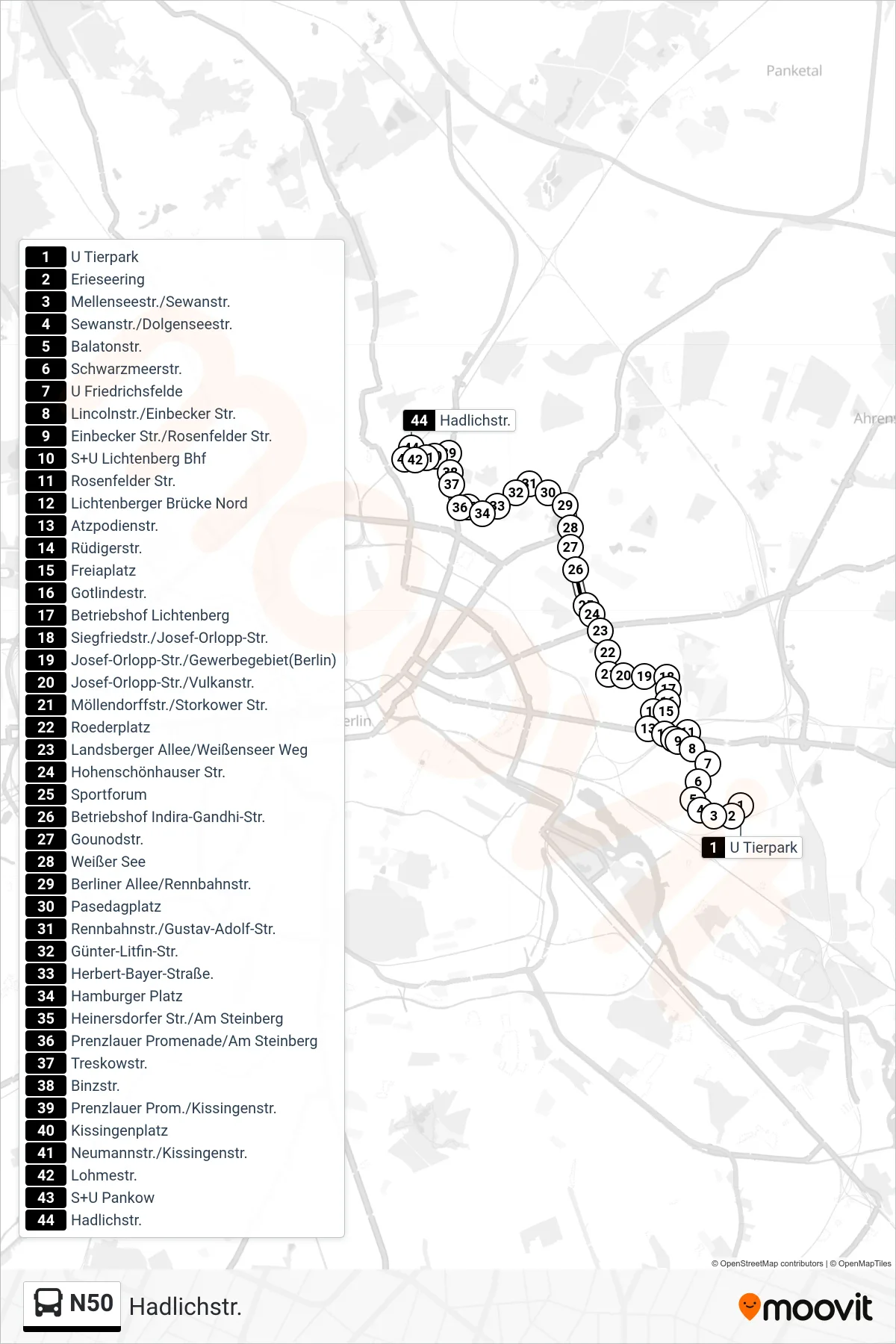 Linie N50 (Bus) Richtung Hadlichstr.: Route und Haltestellen auf der Karte