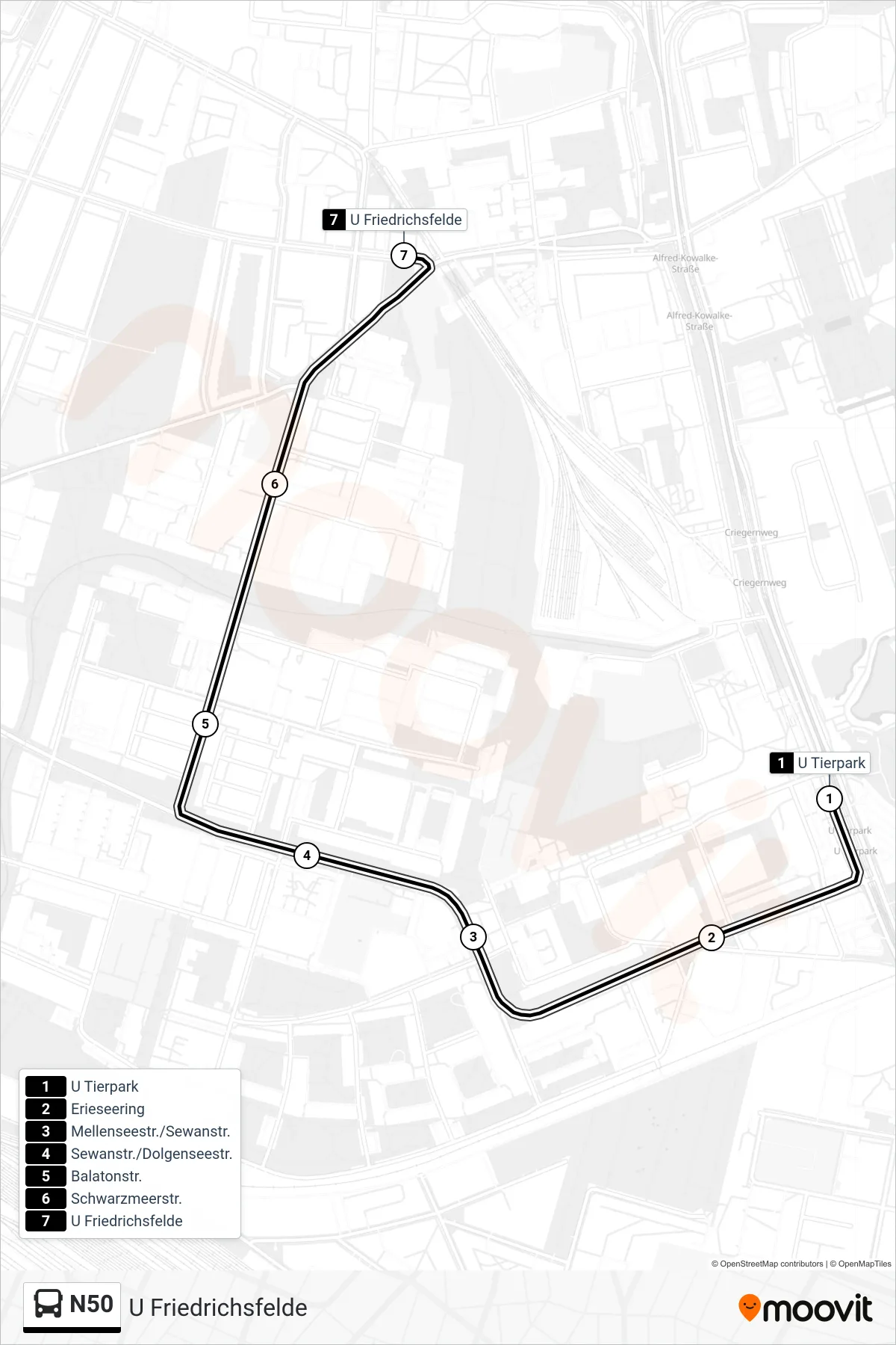 N50 bus Line (U Friedrichsfelde) route and stops on a map