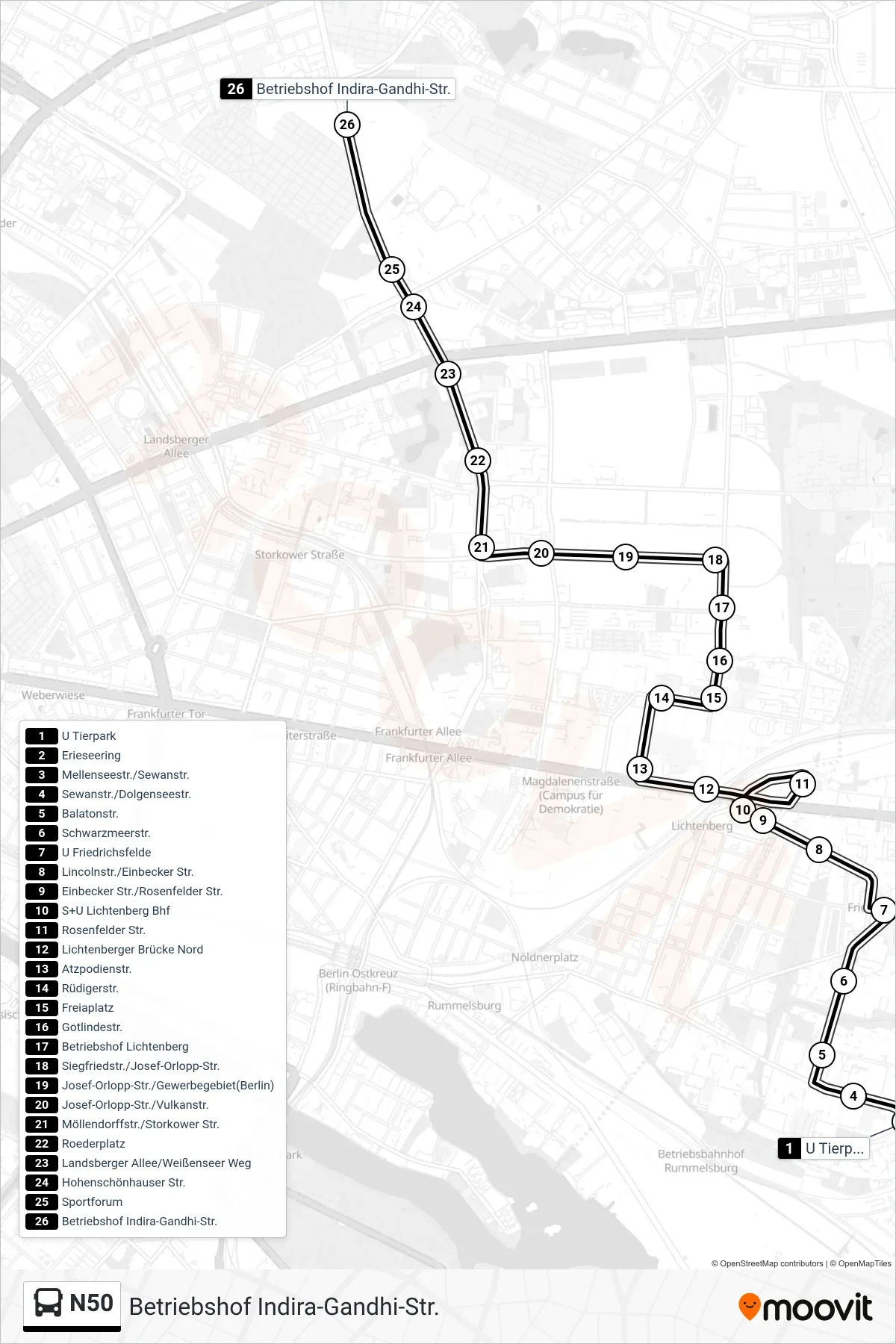 Linie N50 (Bus) Richtung Betriebshof Indira-Gandhi-Str.: Route und Haltestellen auf der Karte