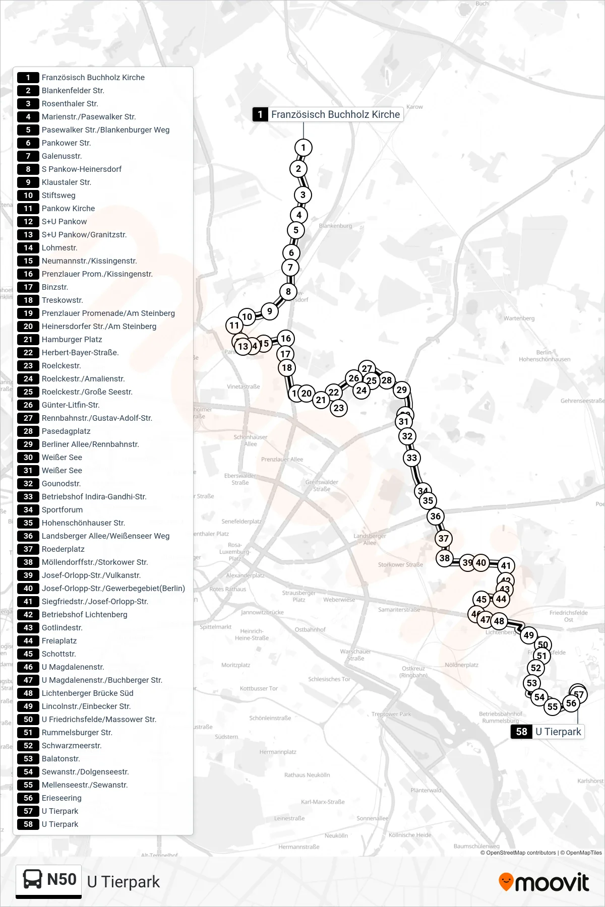 Linie N50 (Bus) Richtung U Tierpark: Route und Haltestellen auf der Karte