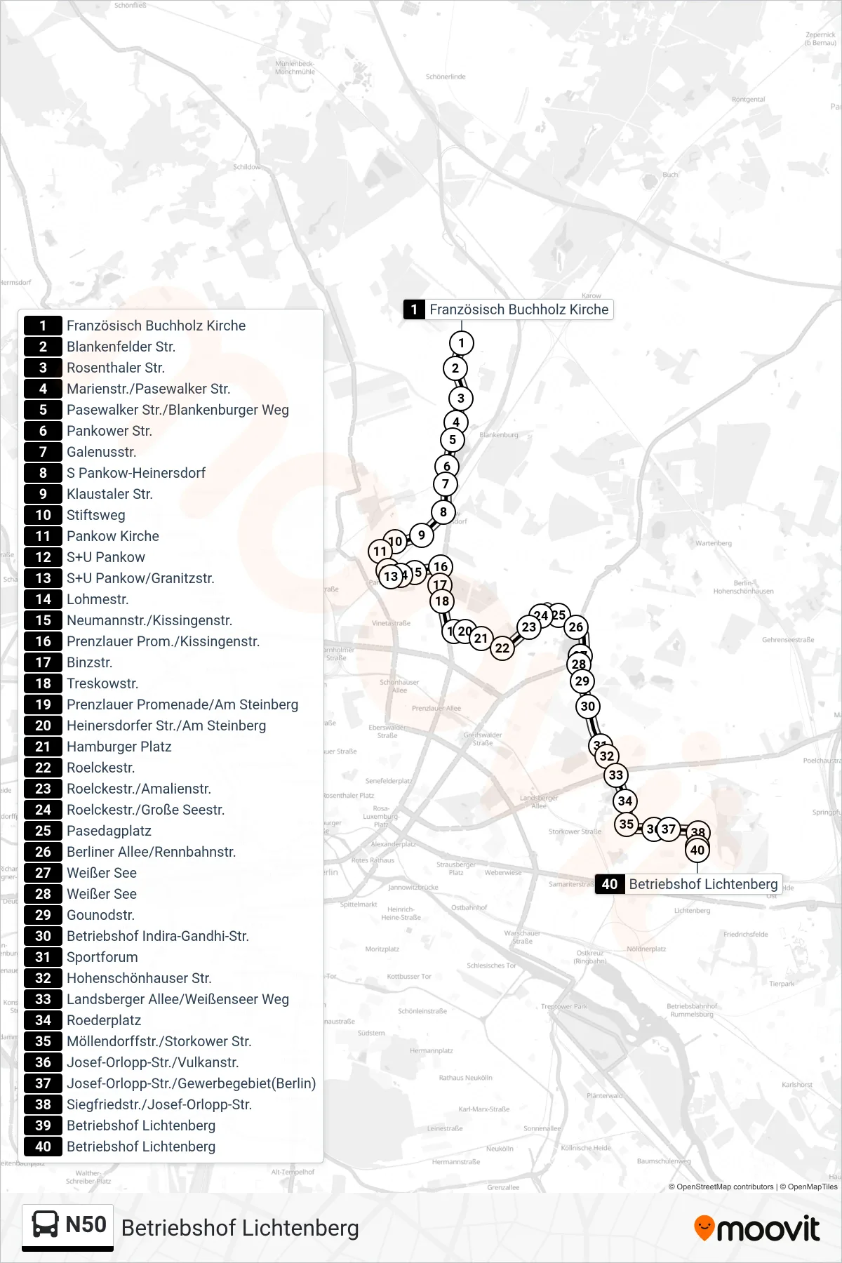 Linie N50 (Bus) Richtung Betriebshof Lichtenberg: Route und Haltestellen auf der Karte