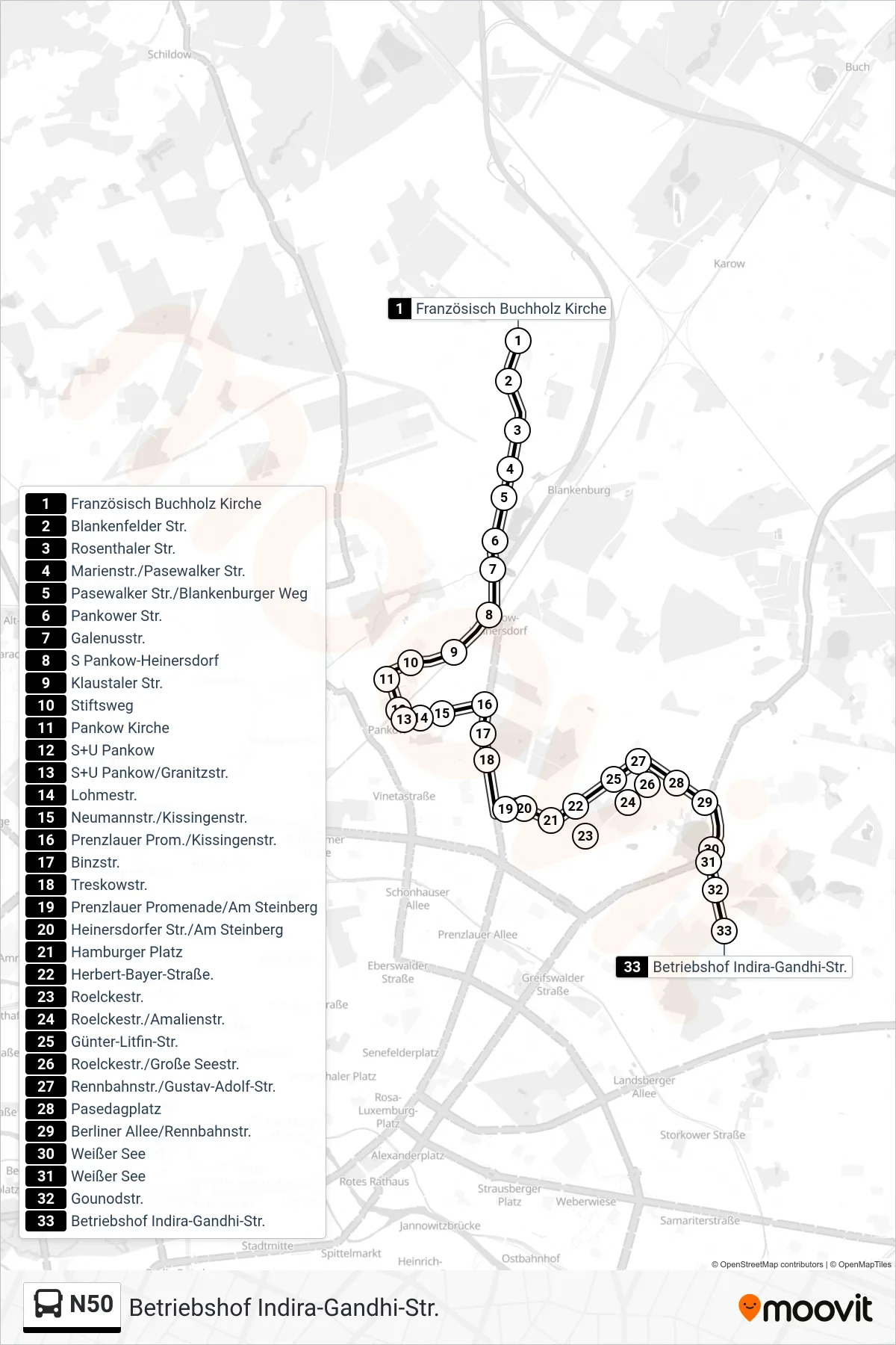 Linie N50 (Bus) Richtung Betriebshof Indira-Gandhi-Str.: Route und Haltestellen auf der Karte