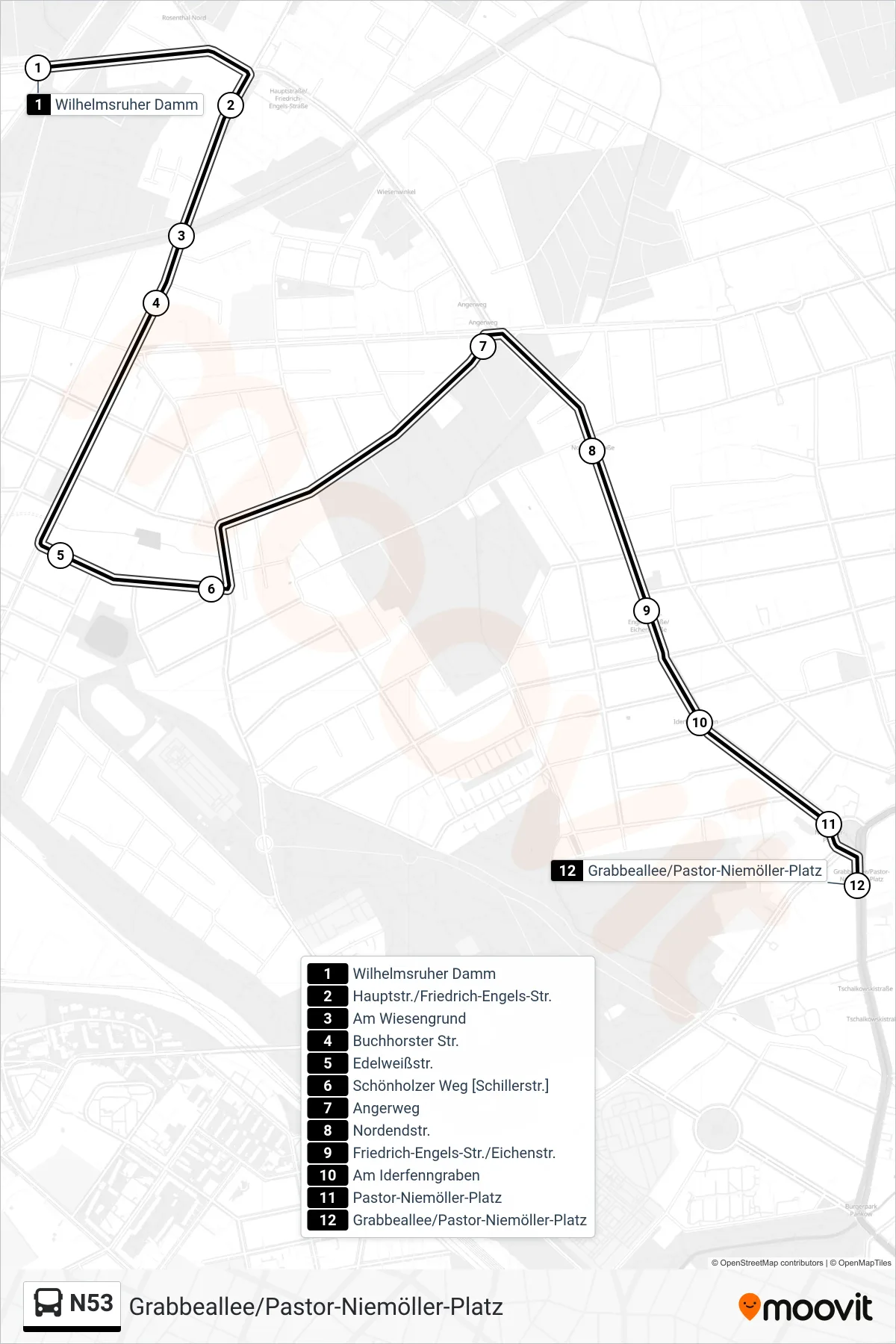 Linie N53 (Bus) Richtung Grabbeallee/Pastor-Niemöller-Platz: Route und Haltestellen auf der Karte