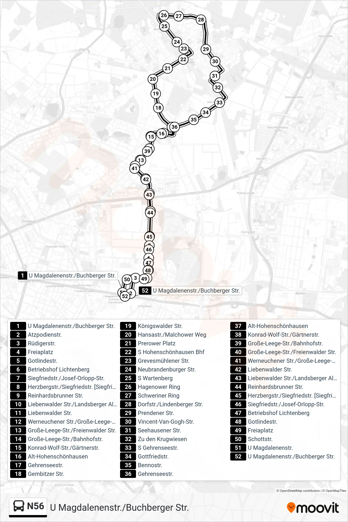 Linie N56 (Bus) Richtung U Magdalenenstr./Buchberger Str.: Route und Haltestellen auf der Karte