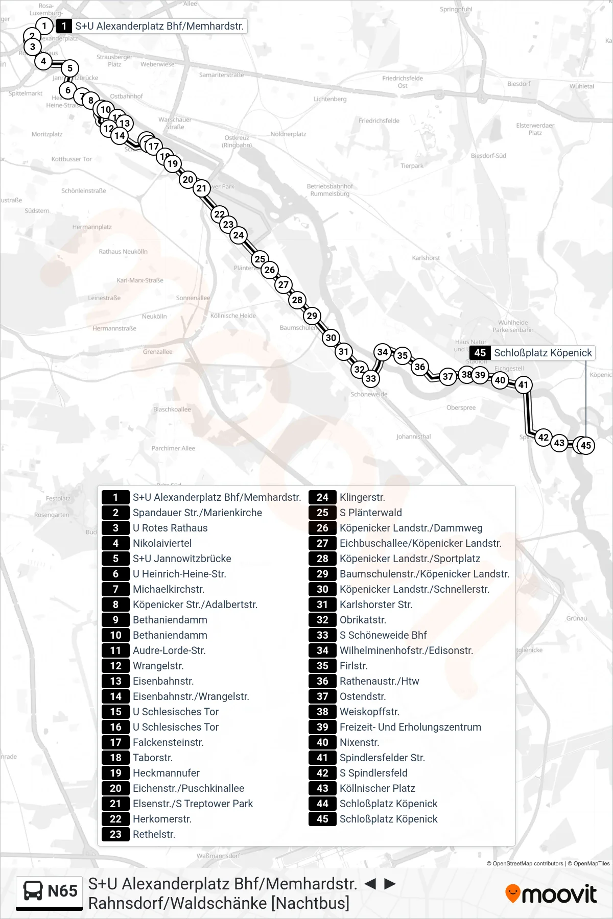 N65 bus Line (Schloßplatz Köpenick) route and stops on a map