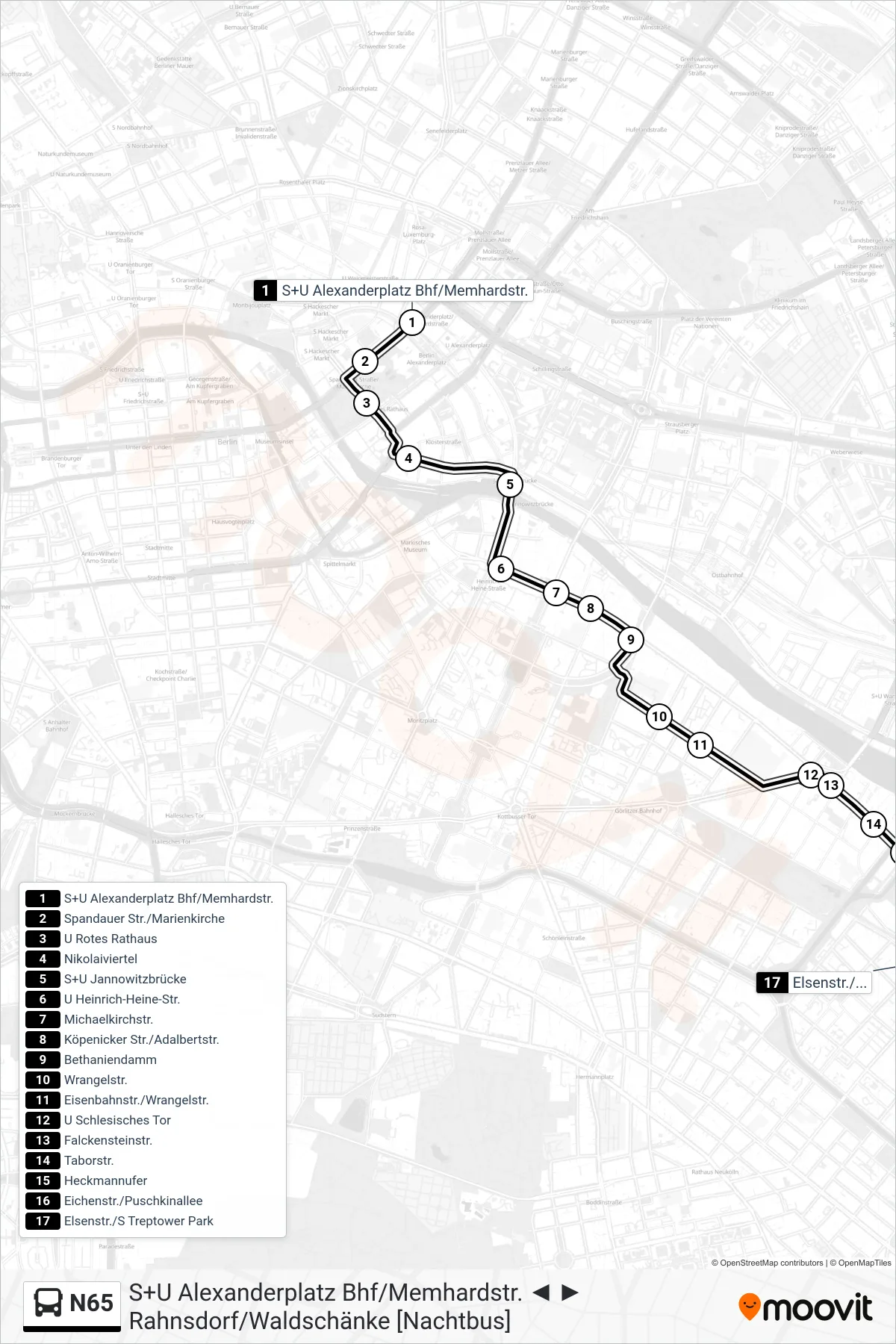 N65 bus Line (Elsenstr./S Treptower Park) route and stops on a map