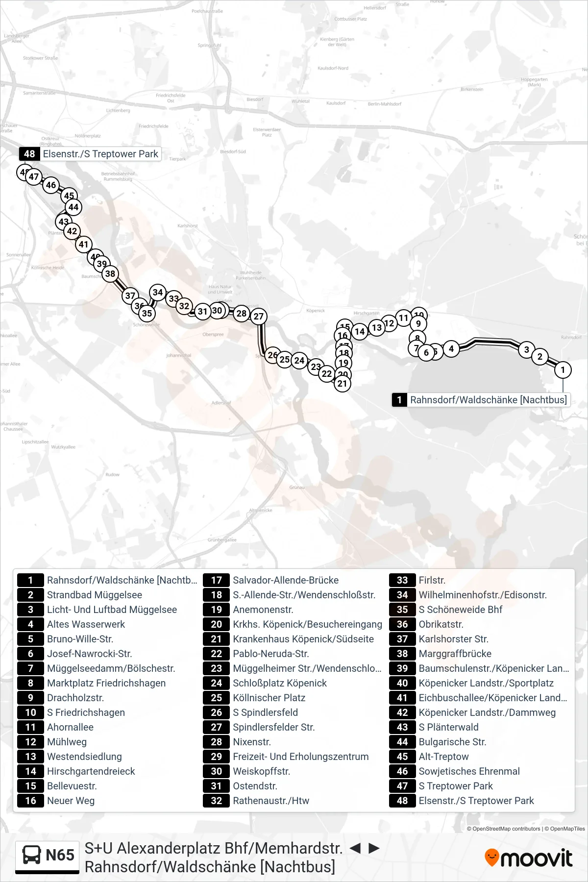 Linie N65 (Bus) Richtung Elsenstr./S Treptower Park: Route und Haltestellen auf der Karte