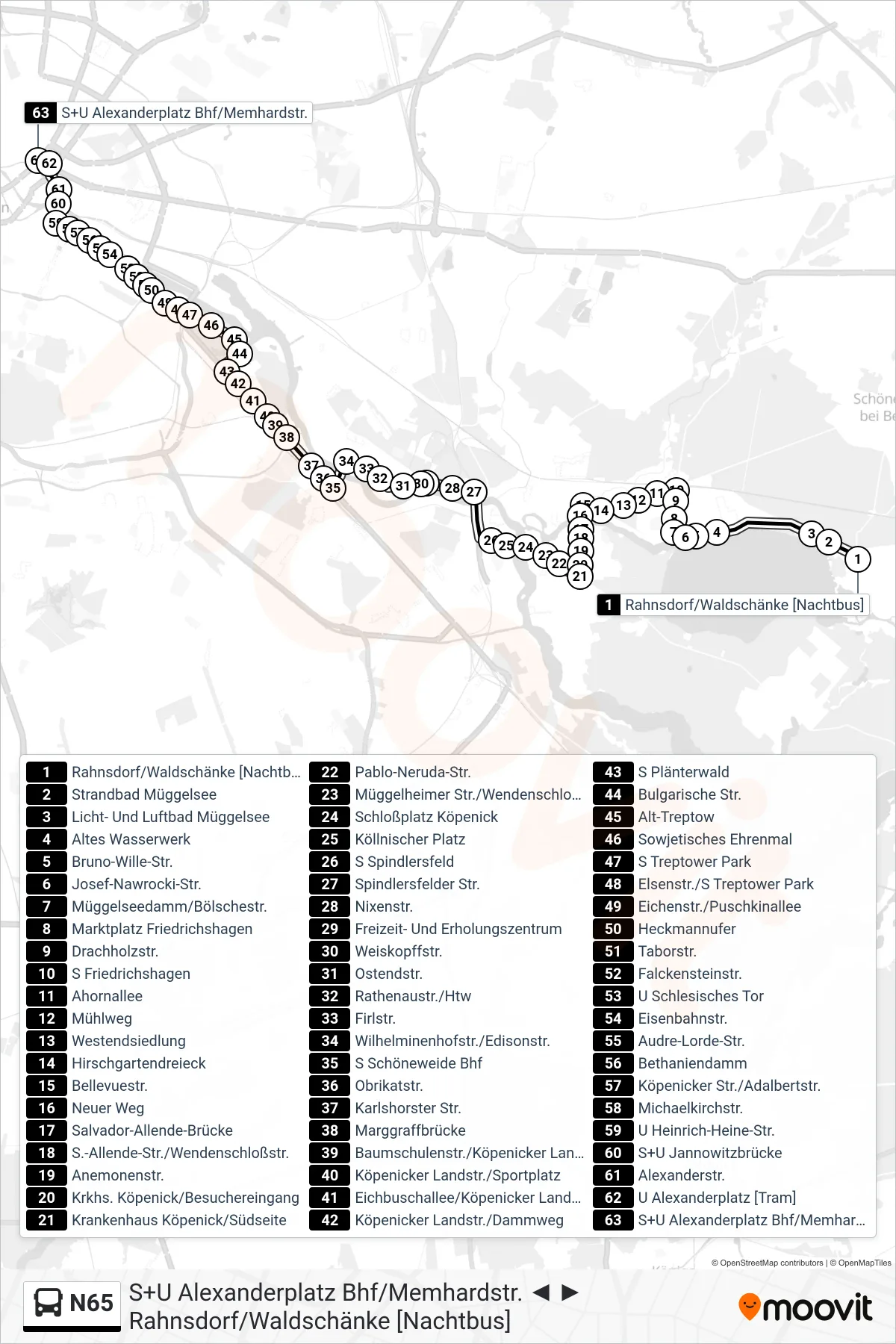 N65 bus Line (S+U Alexanderplatz Bhf/Memhardstr.) route and stops on a map