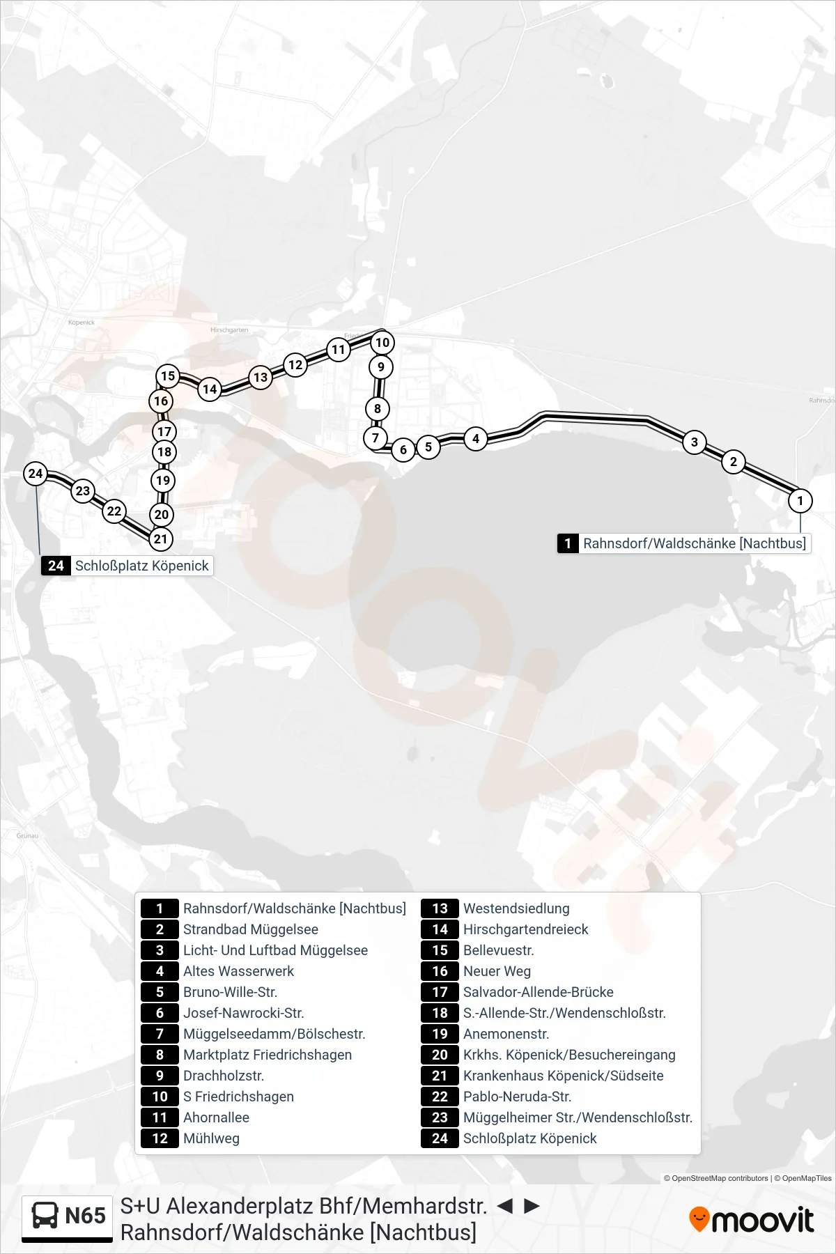 Linie N65 (Bus) Richtung Schloßplatz Köpenick: Route und Haltestellen auf der Karte