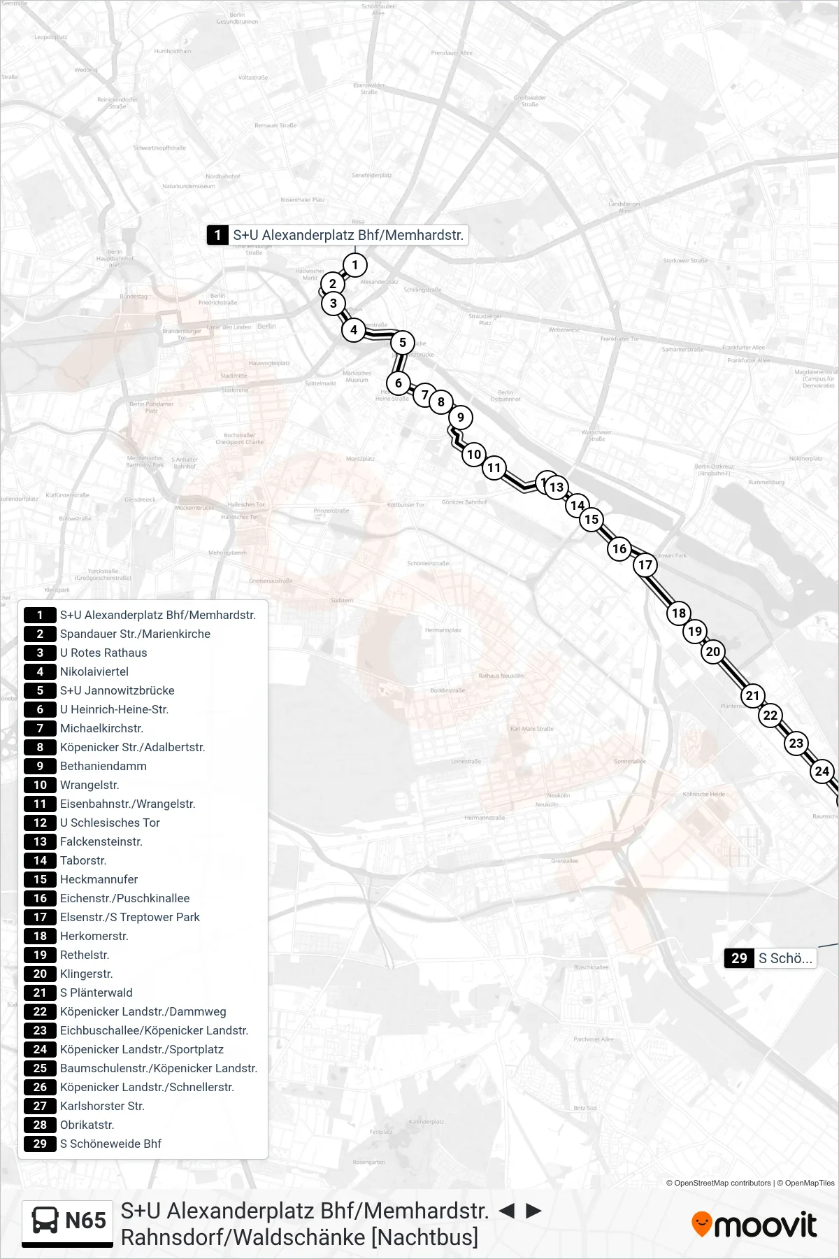 N65 bus Line (S Schöneweide Bhf) route and stops on a map