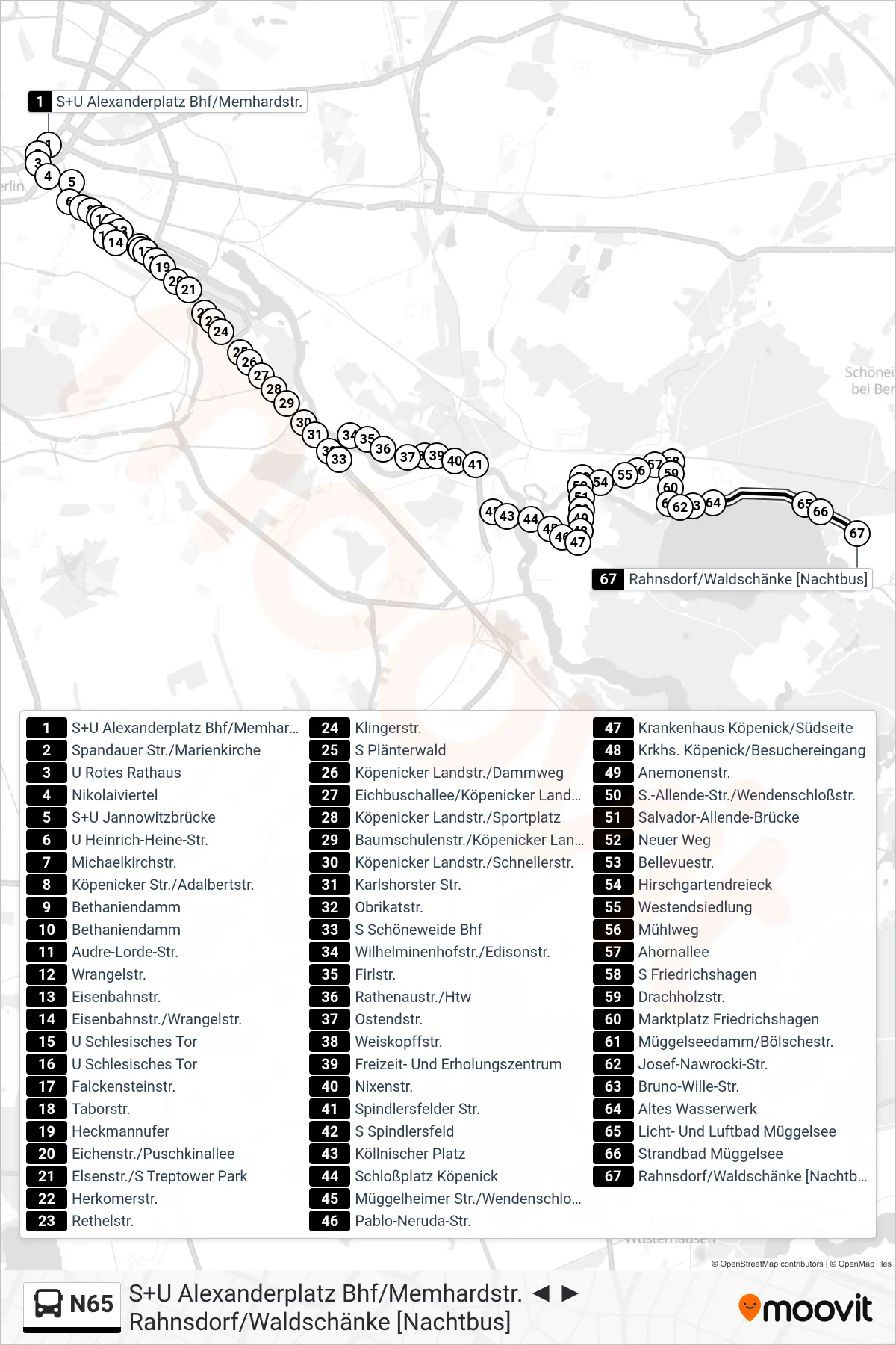 N65 bus Line (Rahnsdorf/Waldschänke [Nachtbus]) route and stops on a map