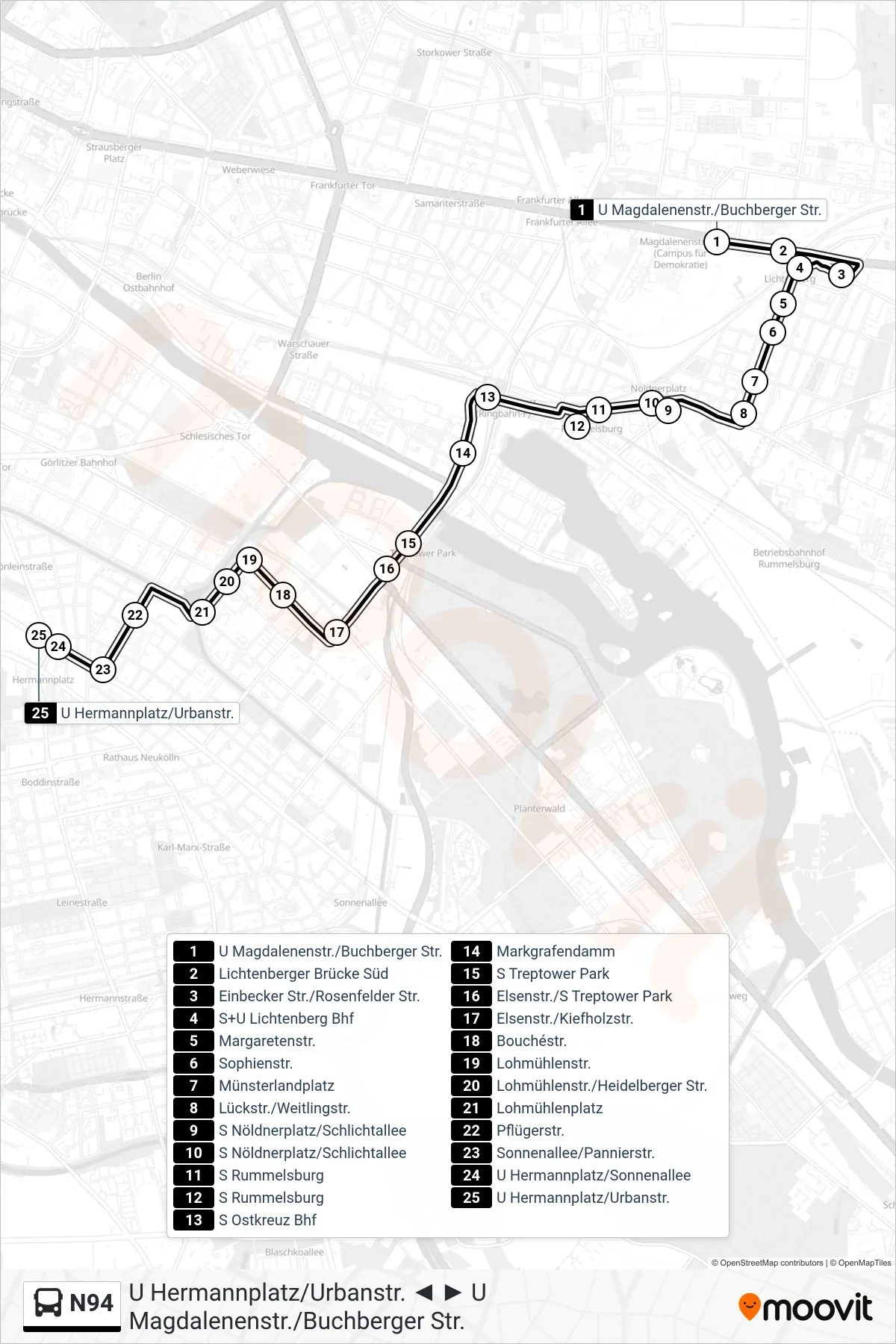 Linie N94 (Bus) Richtung U Hermannplatz/Urbanstr.: Route und Haltestellen auf der Karte