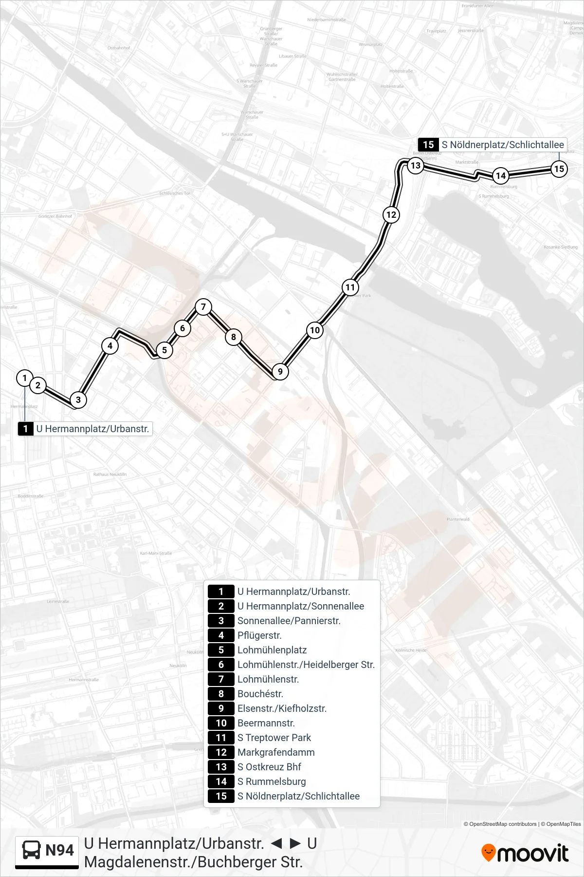 N94 bus Line (S Nöldnerplatz/Schlichtallee) route and stops on a map