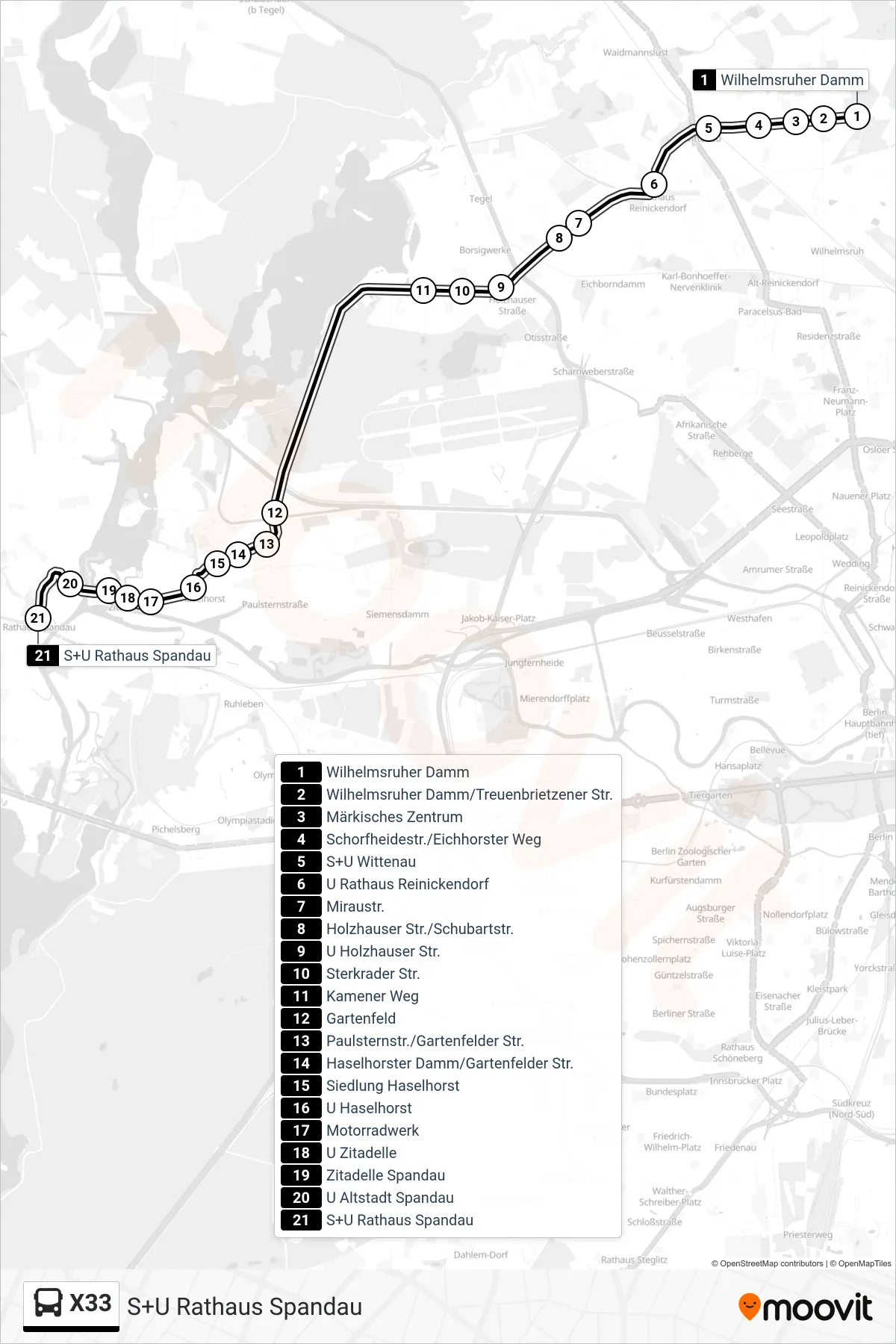 X33 bus Line (S+U Rathaus Spandau) route and stops on a map