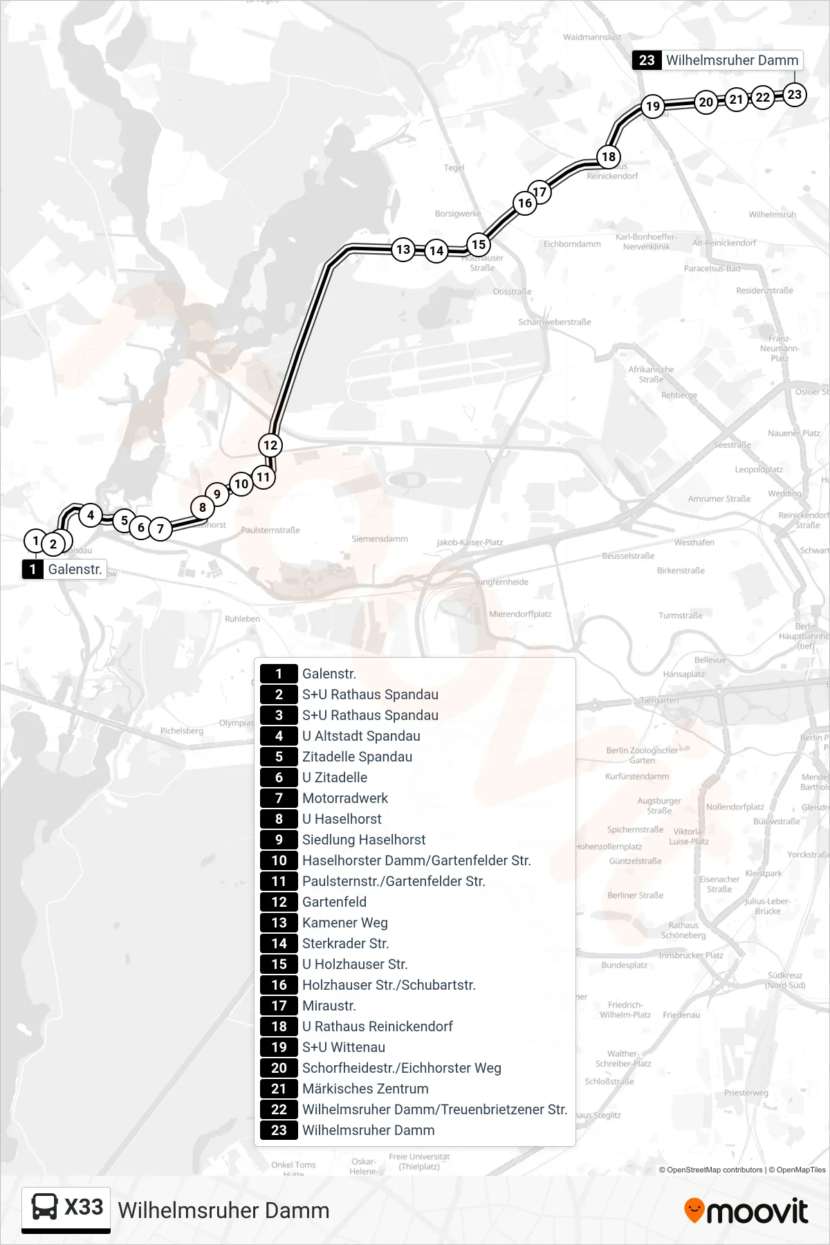 Linie X33 (Bus) Richtung Wilhelmsruher Damm: Route und Haltestellen auf der Karte