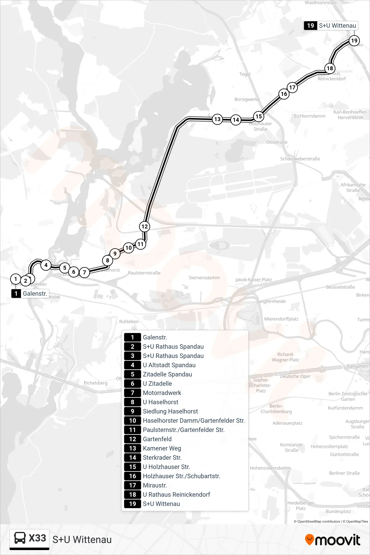Linie X33 (Bus) Richtung S+U Wittenau: Route und Haltestellen auf der Karte