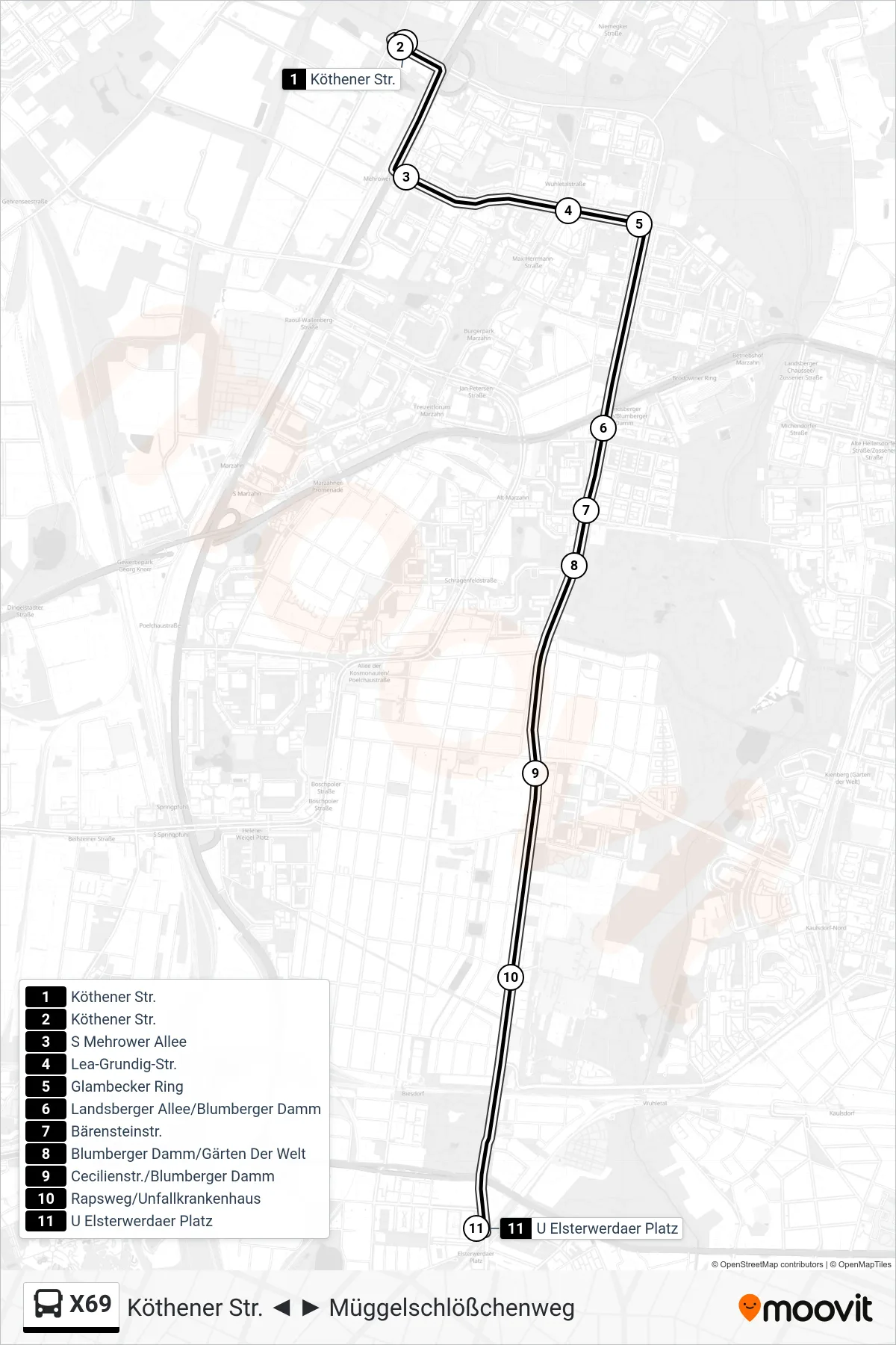 Linie X69 (Bus) Richtung U Elsterwerdaer Platz: Route und Haltestellen auf der Karte